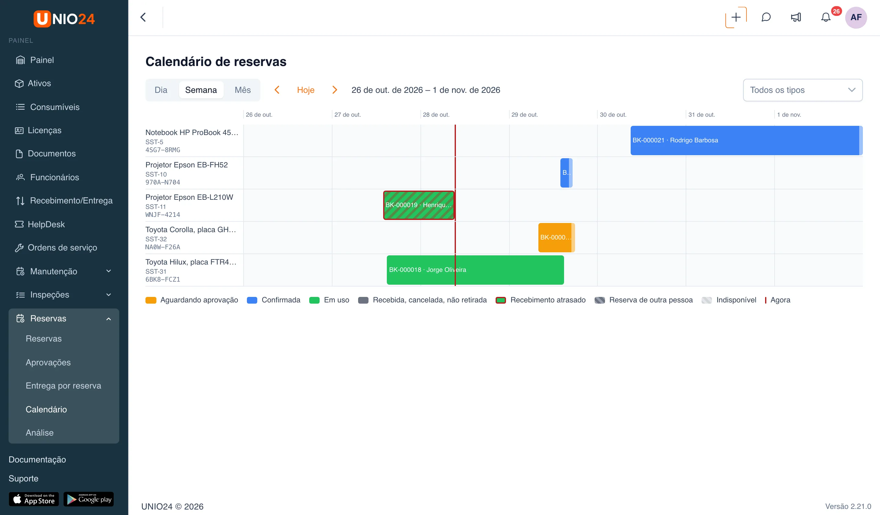 Página “Calendário de reservas” na visão “Semana”: faixas dos ativos com reservas de cores diferentes, a linha vermelha do momento atual e a legenda dos status embaixo