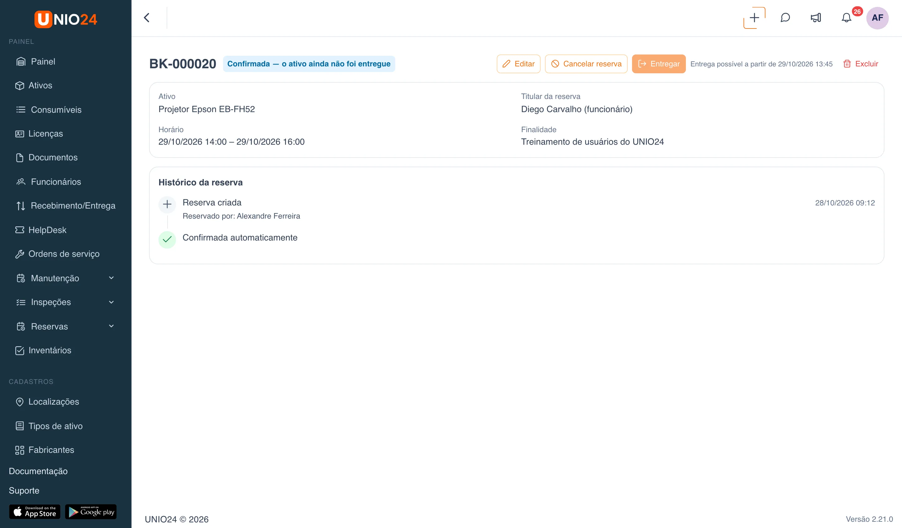 Ficha da reserva confirmada BK-000020 do projetor: botão “Entregar” indisponível e, ao lado, o texto “Entrega possível a partir de 29/10/2026 13”