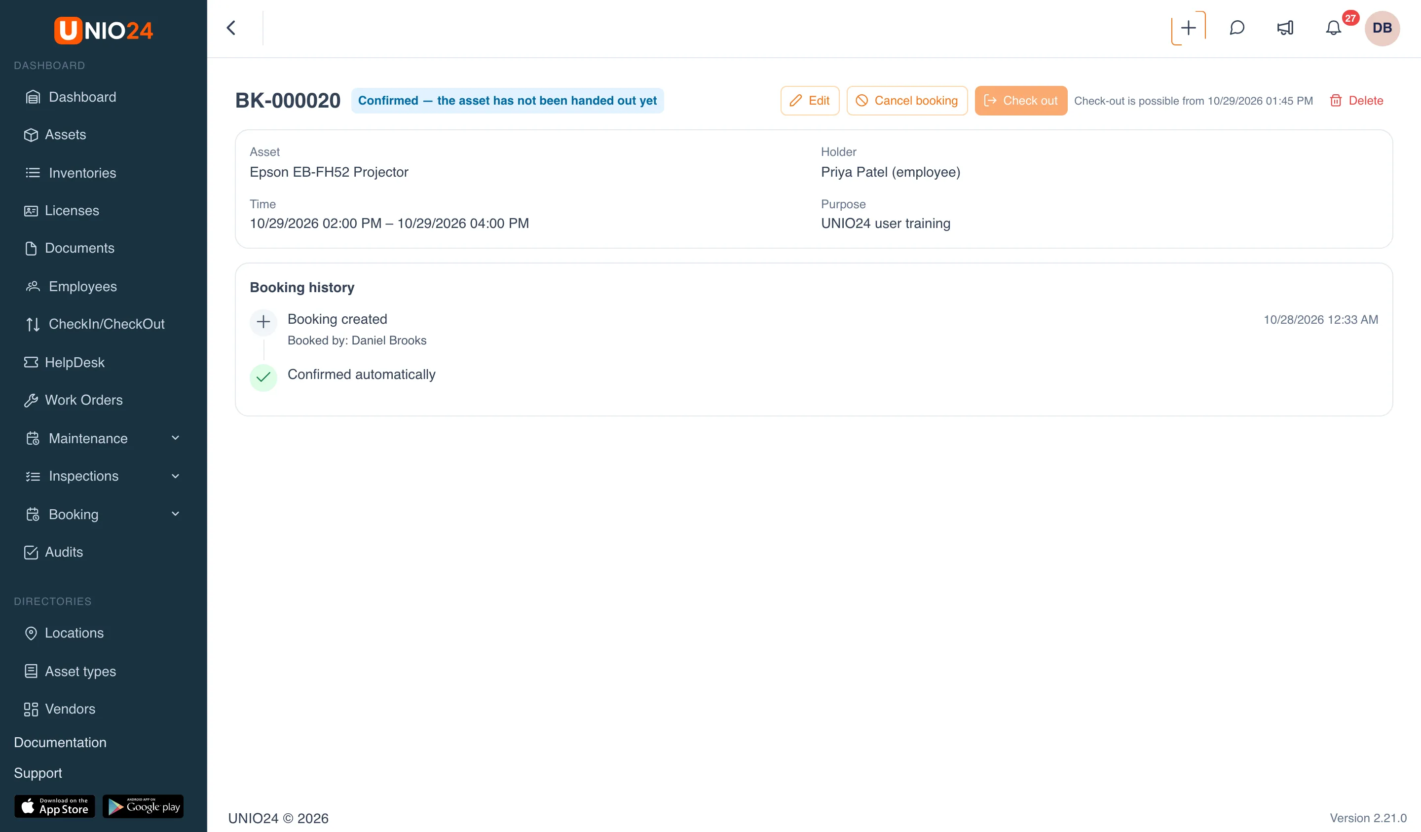 The card of confirmed booking BK-000020 for a projector: the Check out button is unavailable, with a note next to it showing when check-out becomes possible