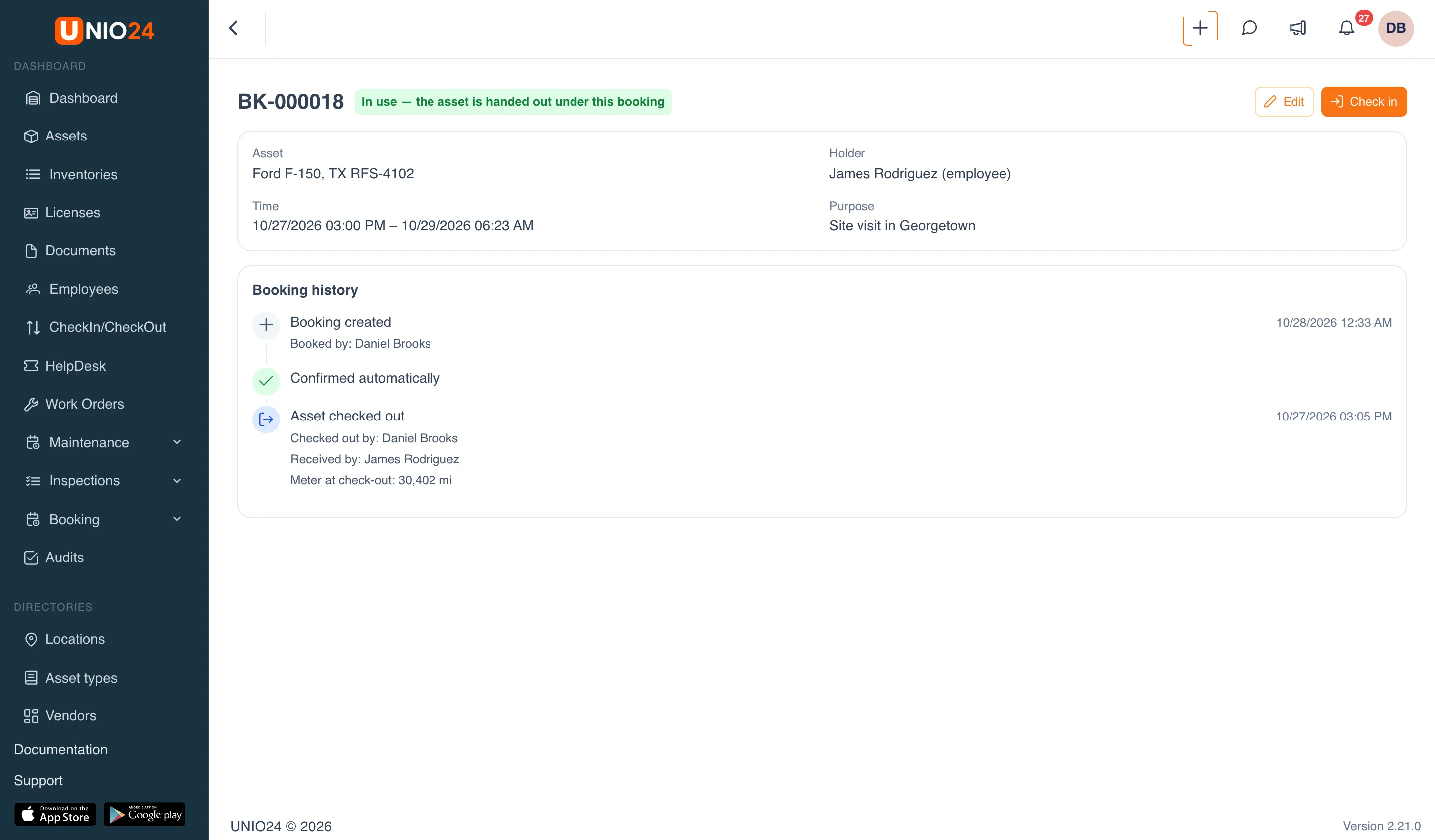 Booking card BK-000018 with the status “In use — the asset is handed out under this booking”: a block with the asset, holder, time, and purpose, the Edit and Check in buttons, and the Booking history block with the steps Booking created, Confirmed automatically, and Asset checked out