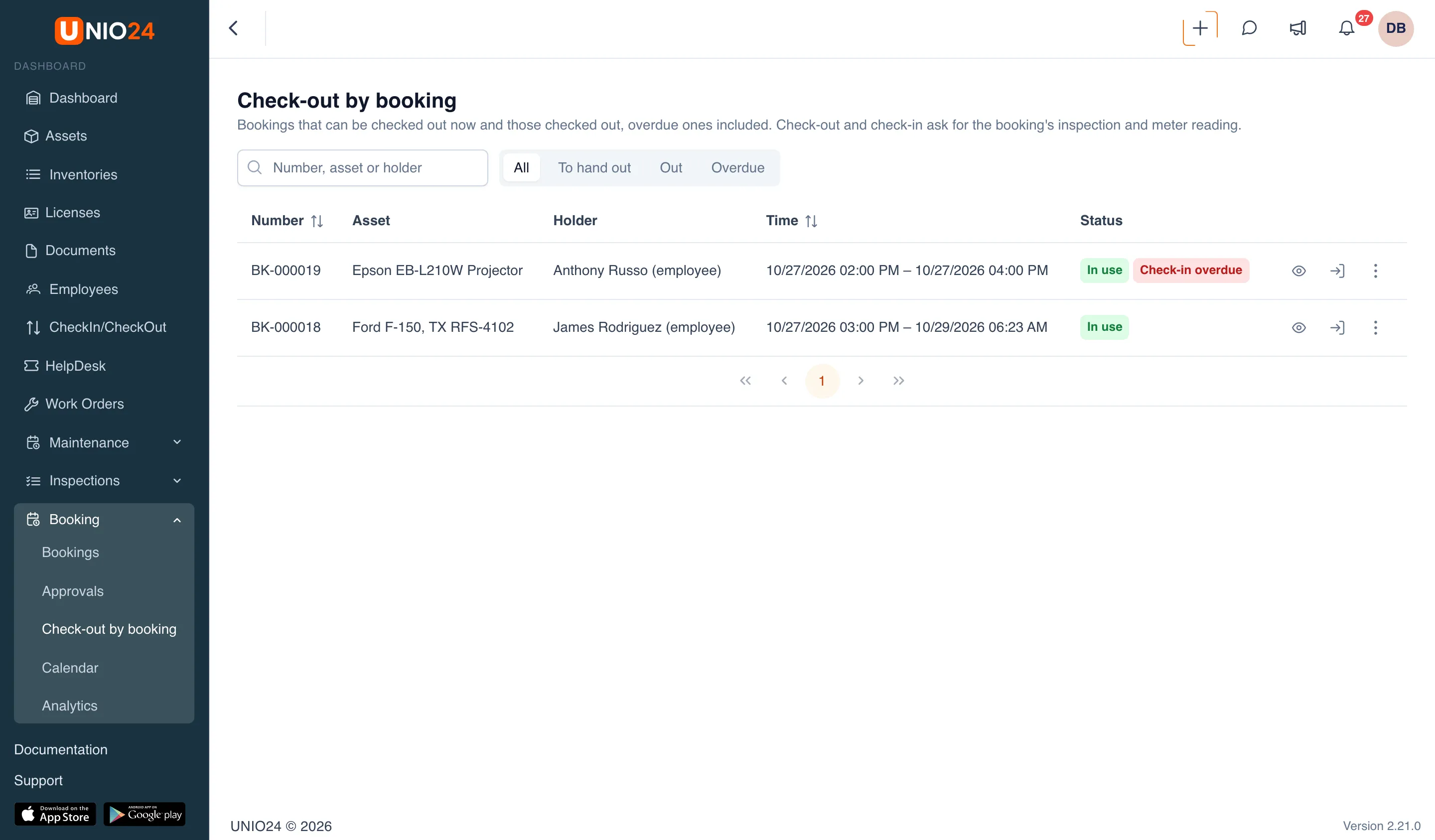 The Check-out by booking page: a description, search, the All | To hand out | Out | Overdue switch, and a table of bookings with the Number, Asset, Holder, Time, and Status columns; the projector has the In use and Check-in overdue tags