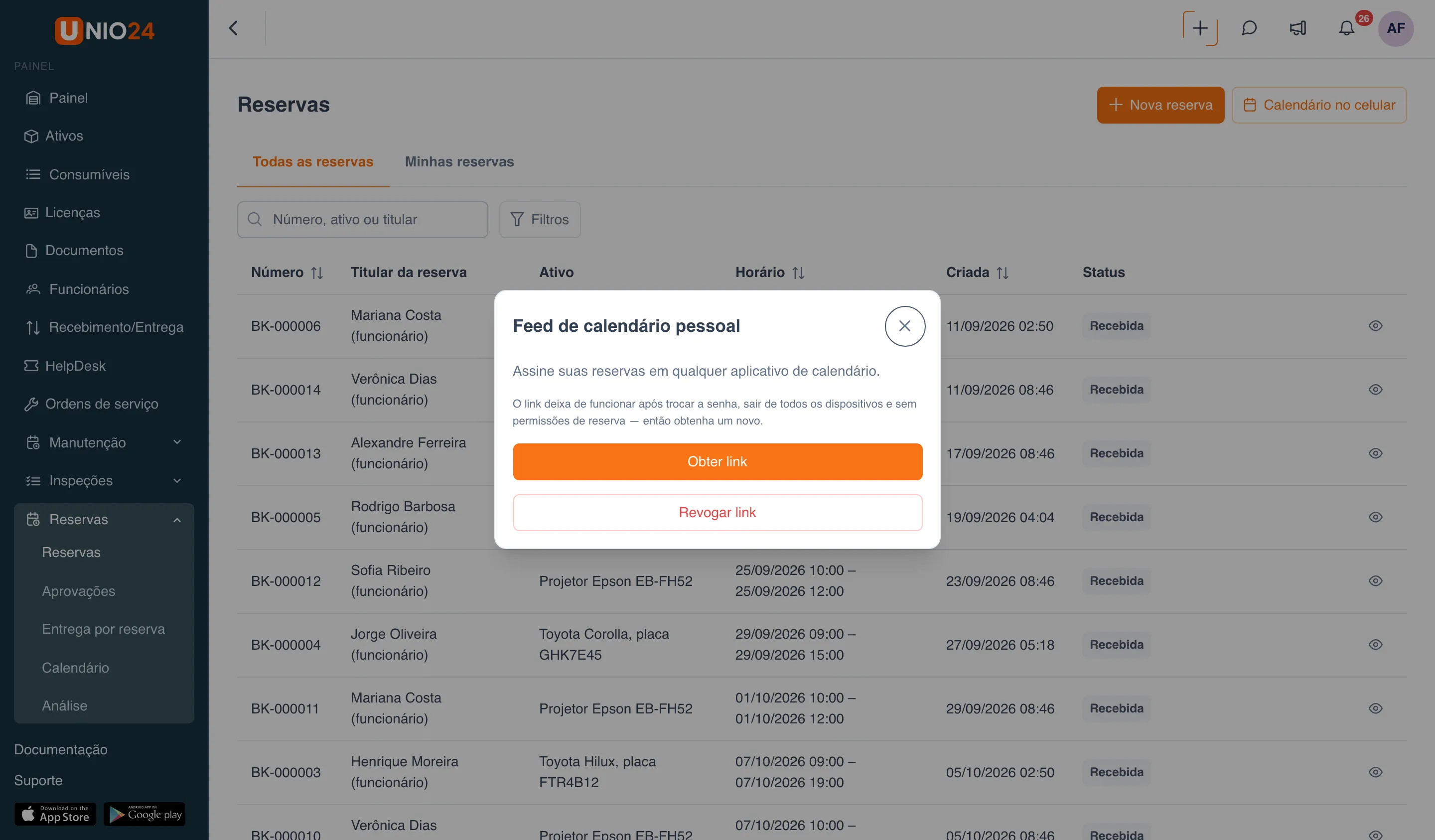Janela “Feed de calendário pessoal”: texto “Assine suas reservas em qualquer aplicativo de calendário”, observação sobre quando o link deixa de funcionar e os botões “Obter link” e “Revogar link”