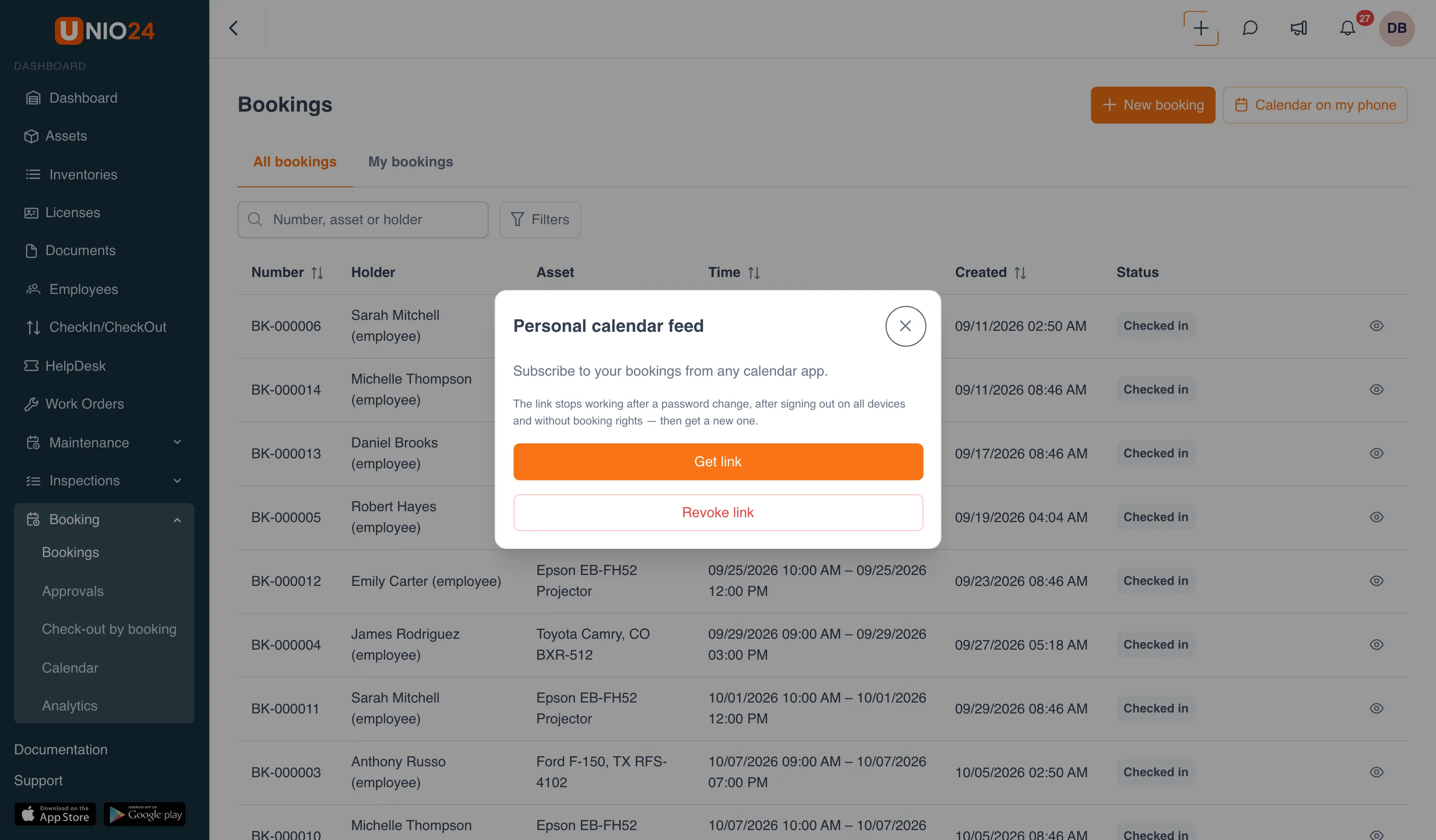 The Personal calendar feed window: the explanation “Subscribe to your bookings from any calendar app”, a note on when the link stops working, and the Get link and Revoke link buttons