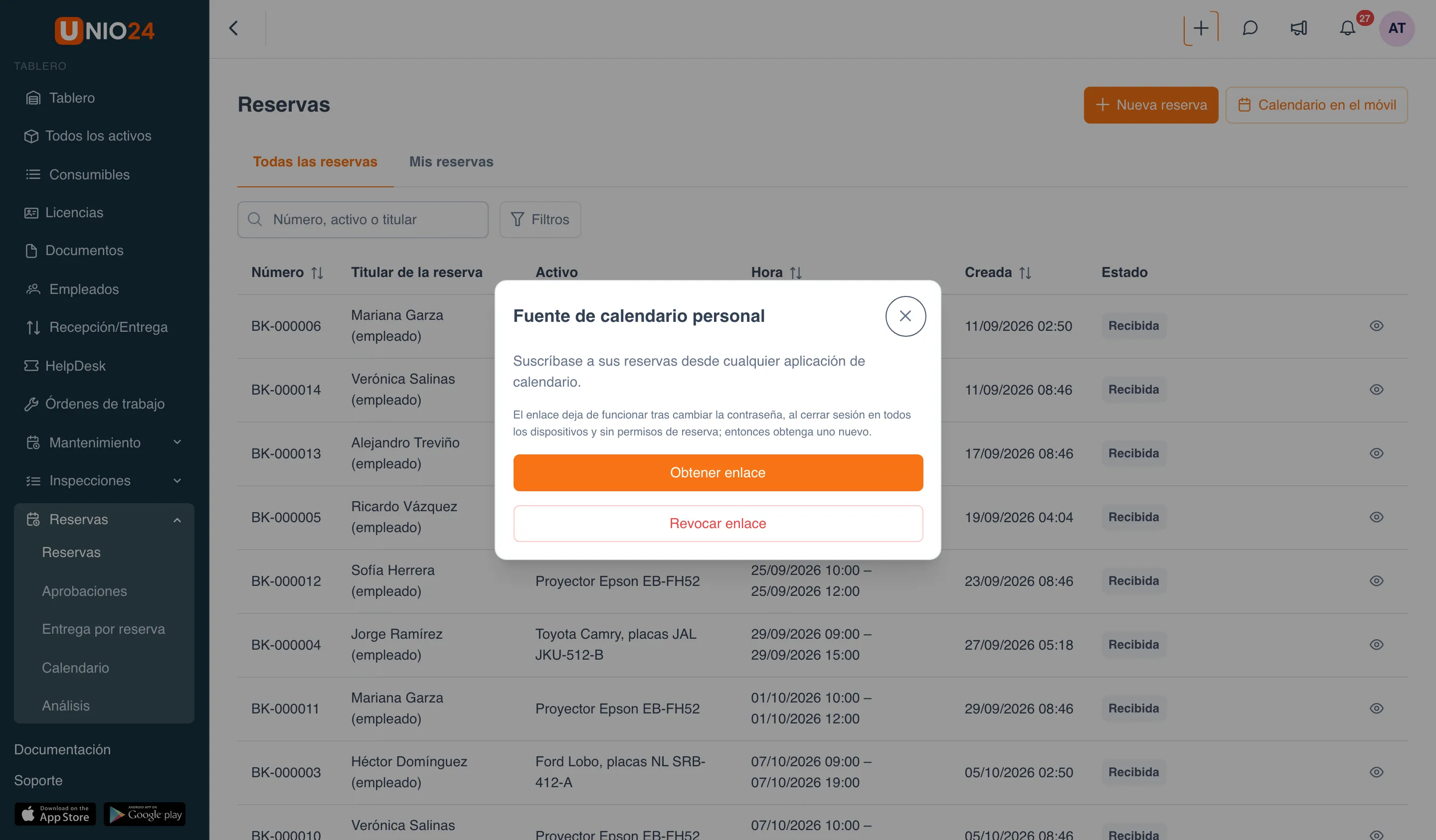 Ventana «Fuente de calendario personal»: la explicación «Suscríbase a sus reservas desde cualquier aplicación de calendario», una nota sobre cuándo deja de funcionar el enlace y los botones «Obtener enlace» y «Revocar enlace»