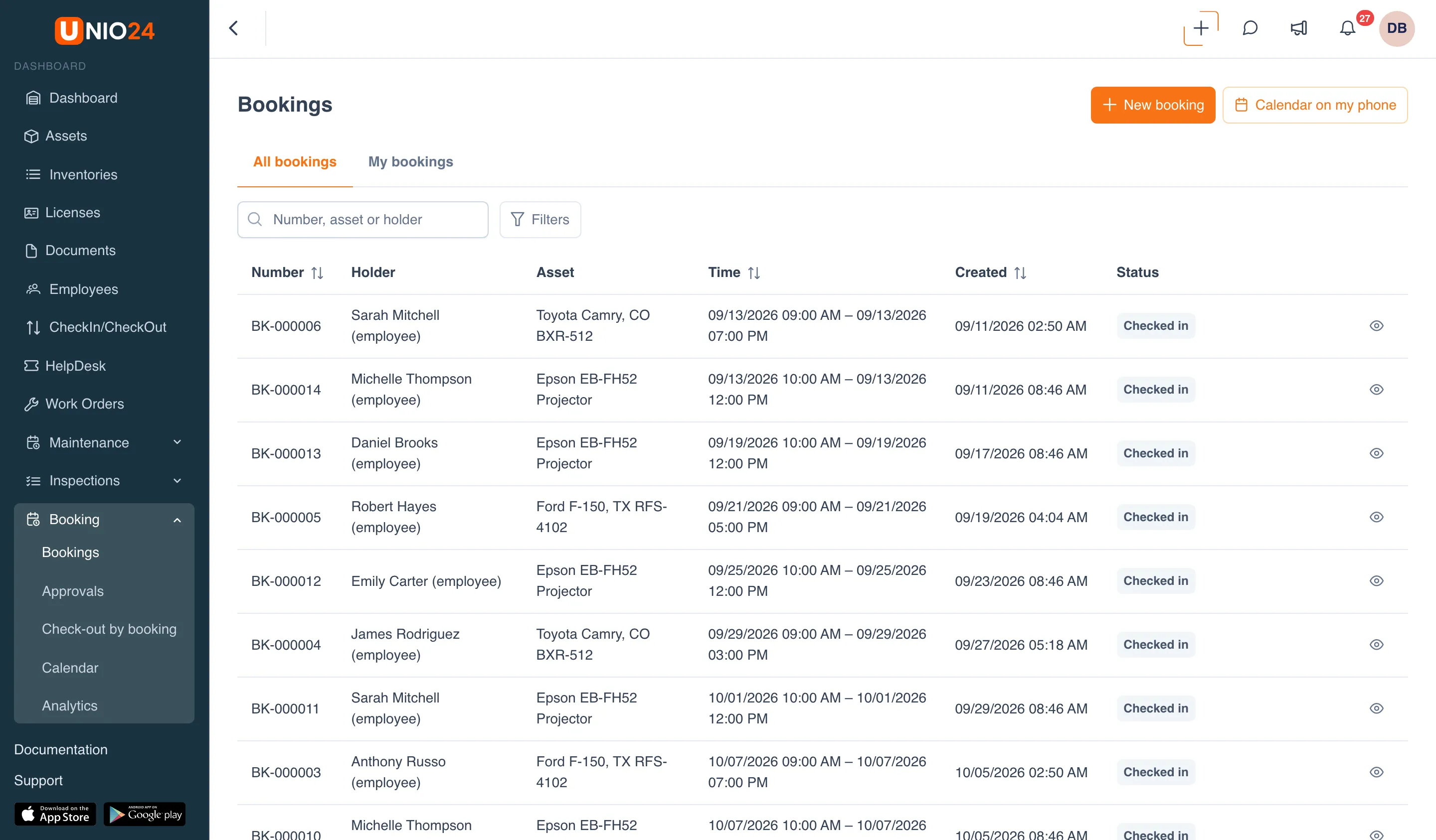 The Bookings page on the All bookings tab: the New booking and Calendar on my phone buttons, the “Number, asset or holder” search, the Filters button, and a table of bookings with the Number, Holder, Asset, Time, Created, and Status columns