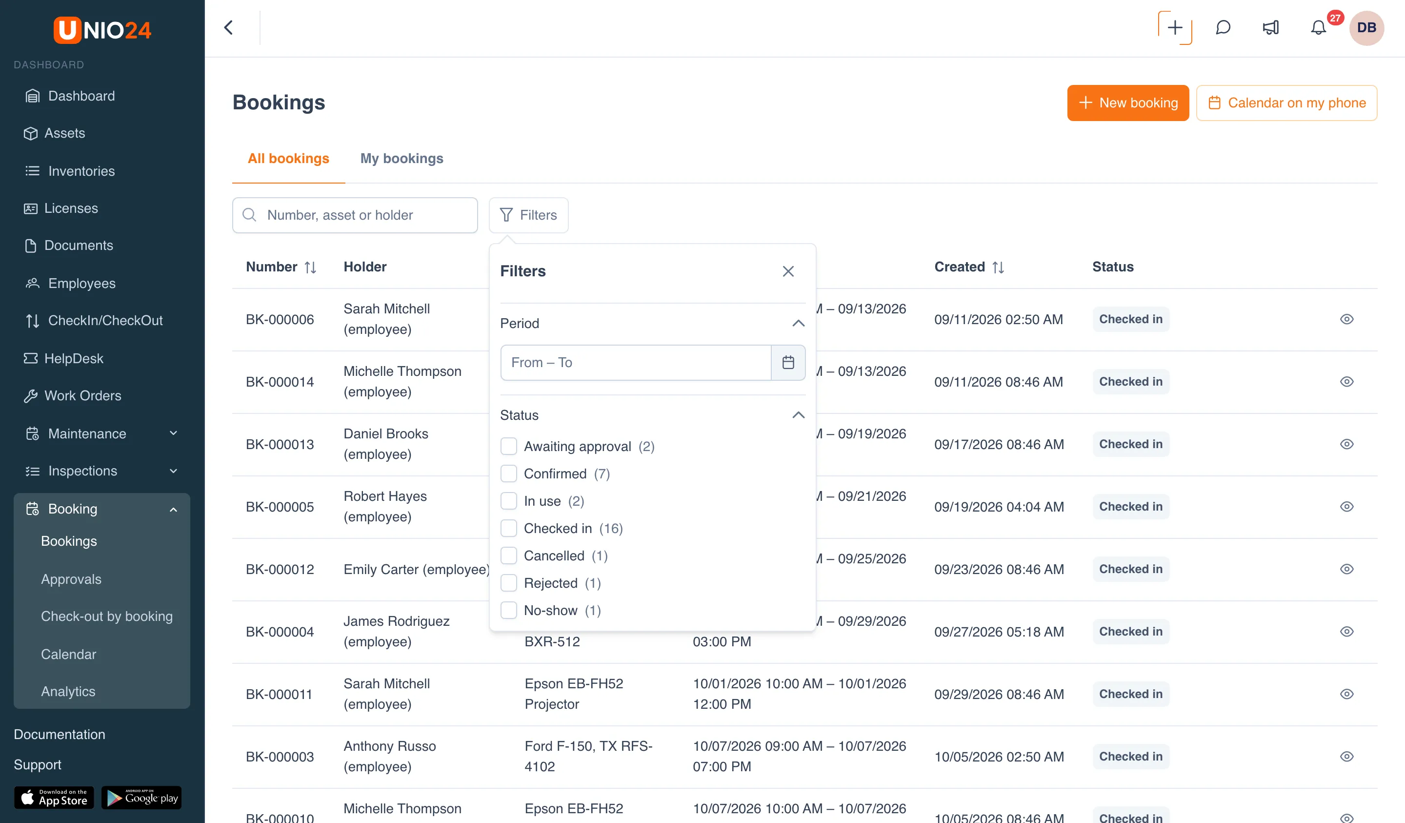 The Filters panel on the All bookings tab: the Period section with the From – To field, and the Status section with checkboxes and the number of bookings in each status