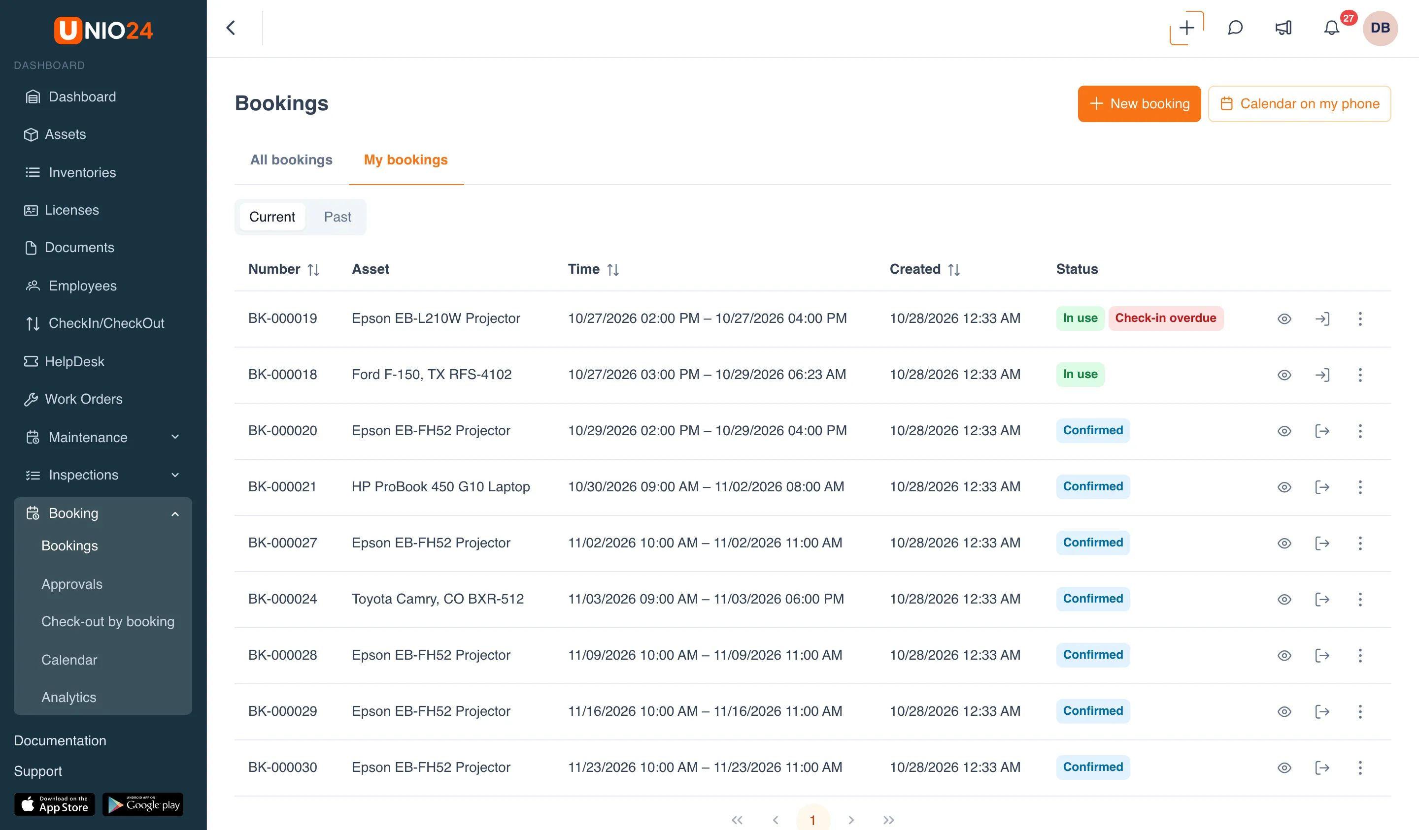 The My bookings tab: the Current | Past switch and a table of bookings with the Number, Asset, Time, Created, and Status columns and actions in each row