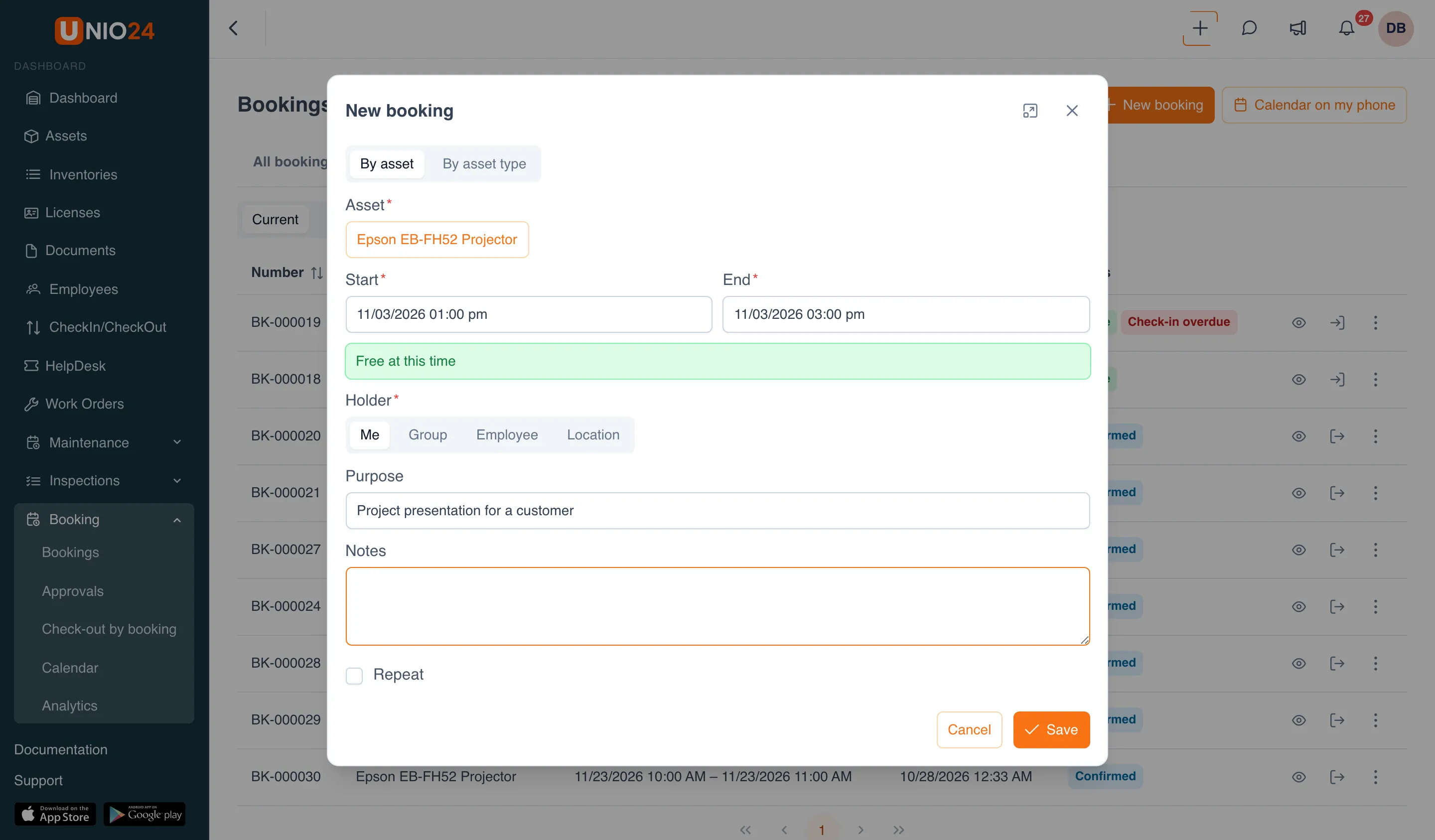 The New booking window: the By asset | By asset type switch, the selected asset Epson EB-FH52 Projector, the Start and End fields, the green hint “Free at this time”, the Holder switch (Me, Group, Employee, Location), the Purpose and Notes fields, the Repeat checkbox, and Cancel and Save buttons