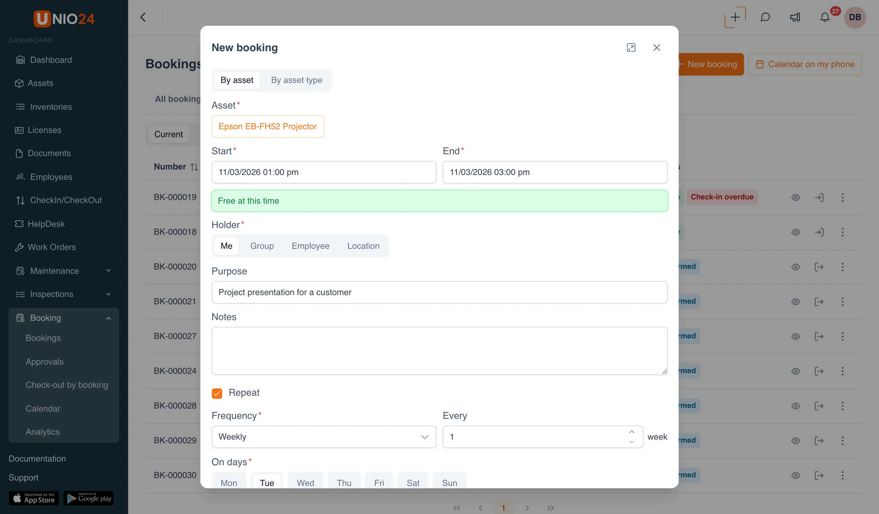The New booking window with Repeat checked: the Frequency field (Weekly), Every 1 week, and the Mon–Sun day picker under On days