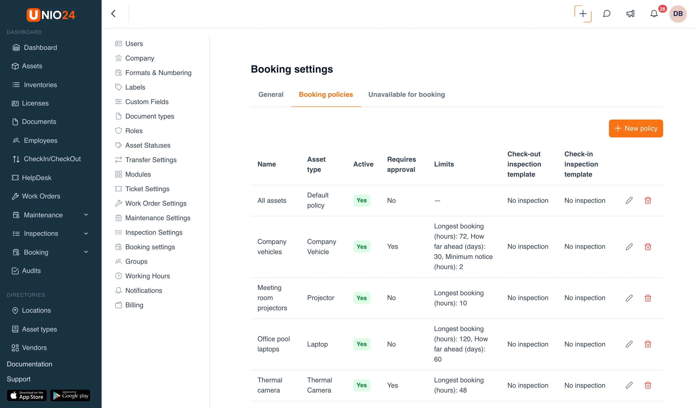 The Booking policies tab: the New policy button and a table of policies with the Name, Asset type, Active, Requires approval, Limits, Check-out inspection template, and Check-in inspection template columns, with Edit and Delete actions
