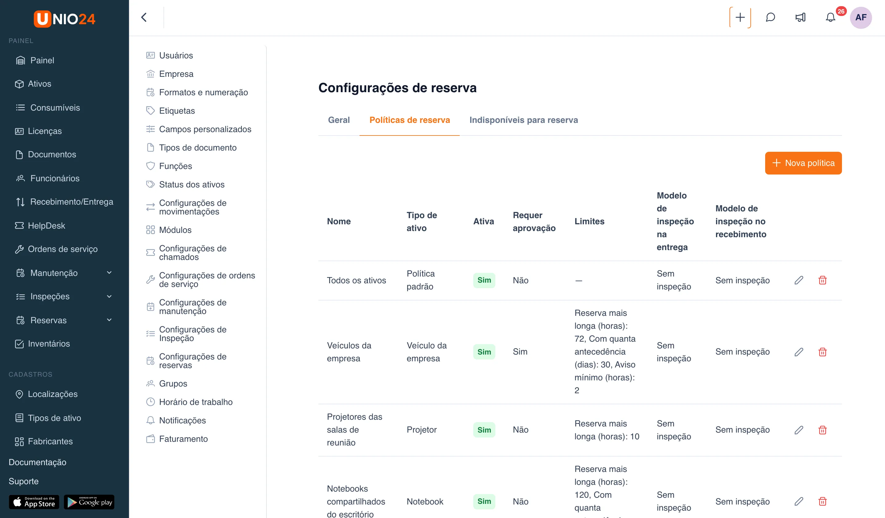 Aba “Políticas de reserva”: botão “Nova política” e a tabela de políticas com as colunas “Nome”, “Tipo de ativo”, “Ativa”, “Requer aprovação”, “Limites”, “Modelo de inspeção na entrega”, “Modelo de inspeção no recebimento” e as ações de editar e excluir