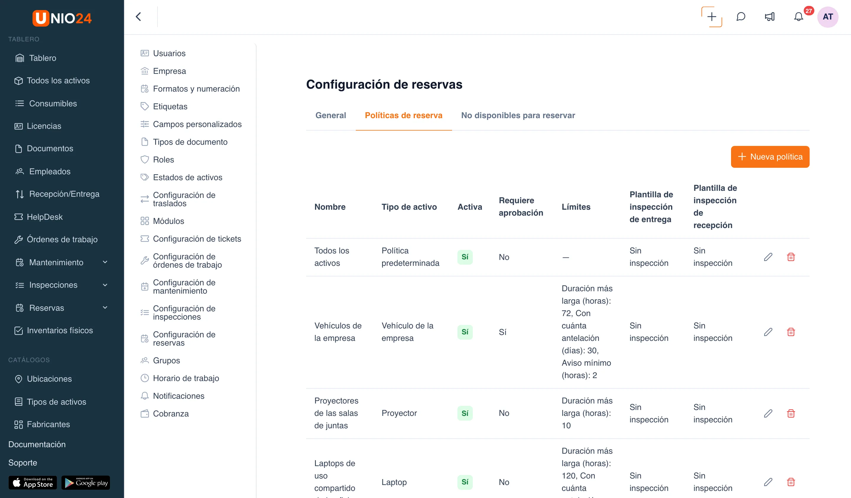 Pestaña «Políticas de reserva»: botón «Nueva política» y tabla de políticas con las columnas «Nombre», «Tipo de activo», «Activa», «Requiere aprobación», «Límites», «Plantilla de inspección de entrega» y «Plantilla de inspección de recepción», con las acciones de edición y eliminación