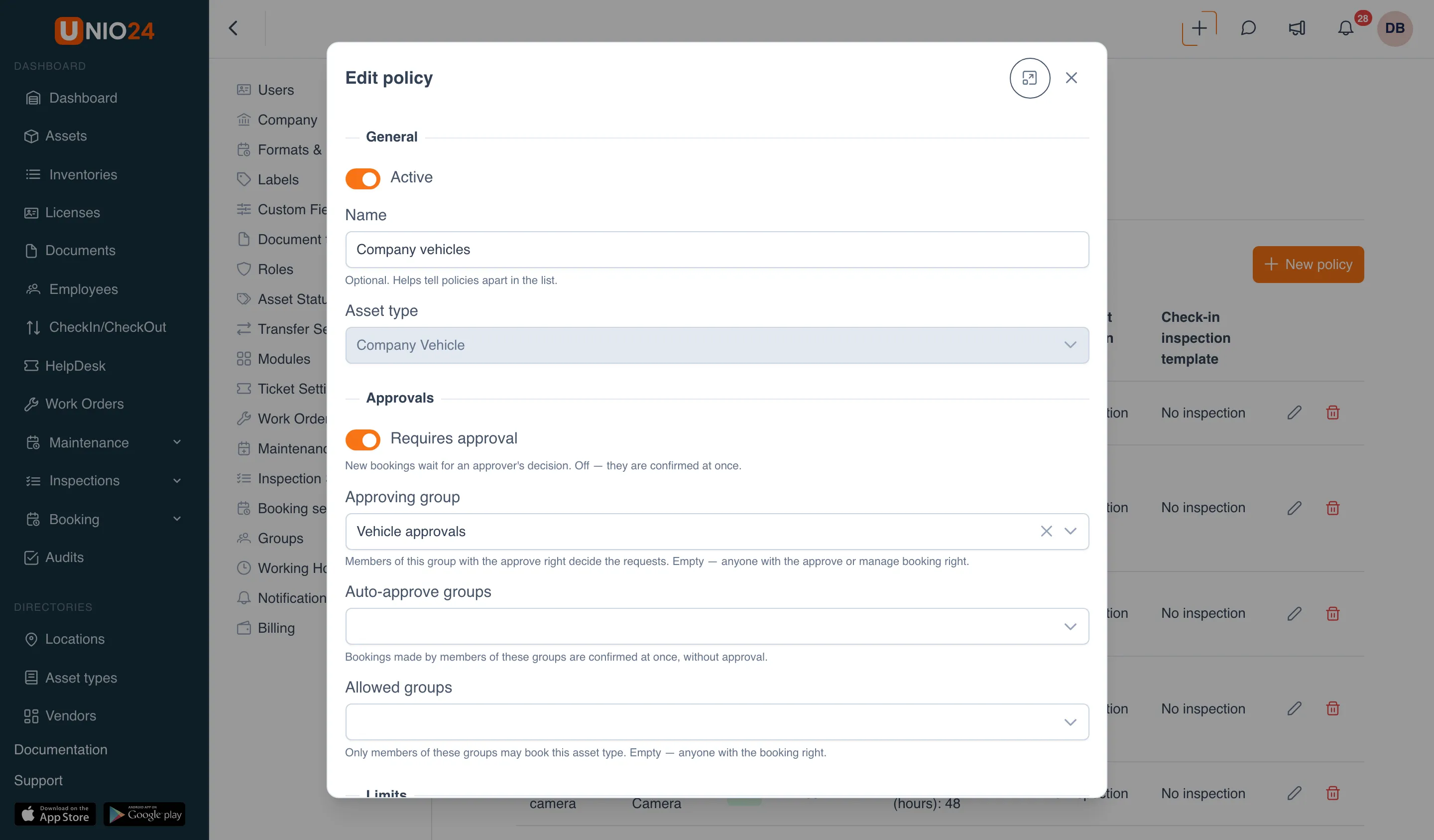 The Edit policy window for the Company vehicles policy: the General section with the Active switch and the Name and Asset type fields, and the Approvals section with the Requires approval switch and the Approving group, Auto-approve groups, and Allowed groups fields with explanations