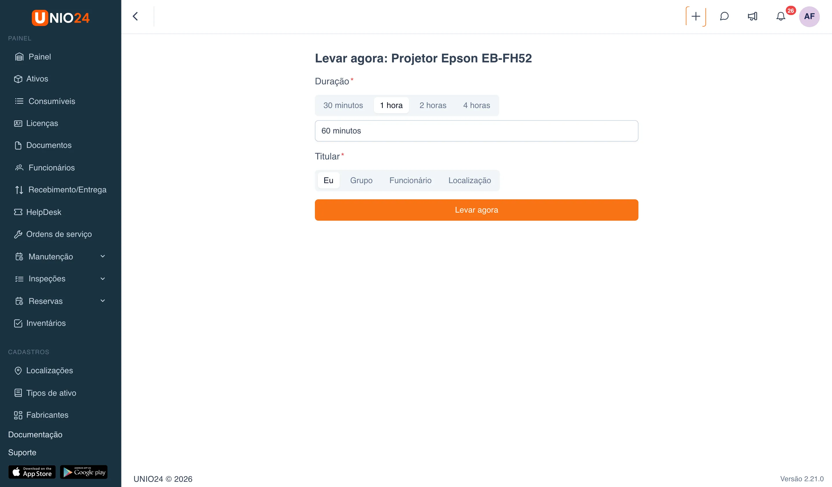 Página “Levar agora: Projetor Epson EB-FH52”: opções de duração “30 minutos”, “1 hora”, “2 horas”, “4 horas”, campo de duração com “60 minutos”, alternância “Titular” e o botão “Levar agora”