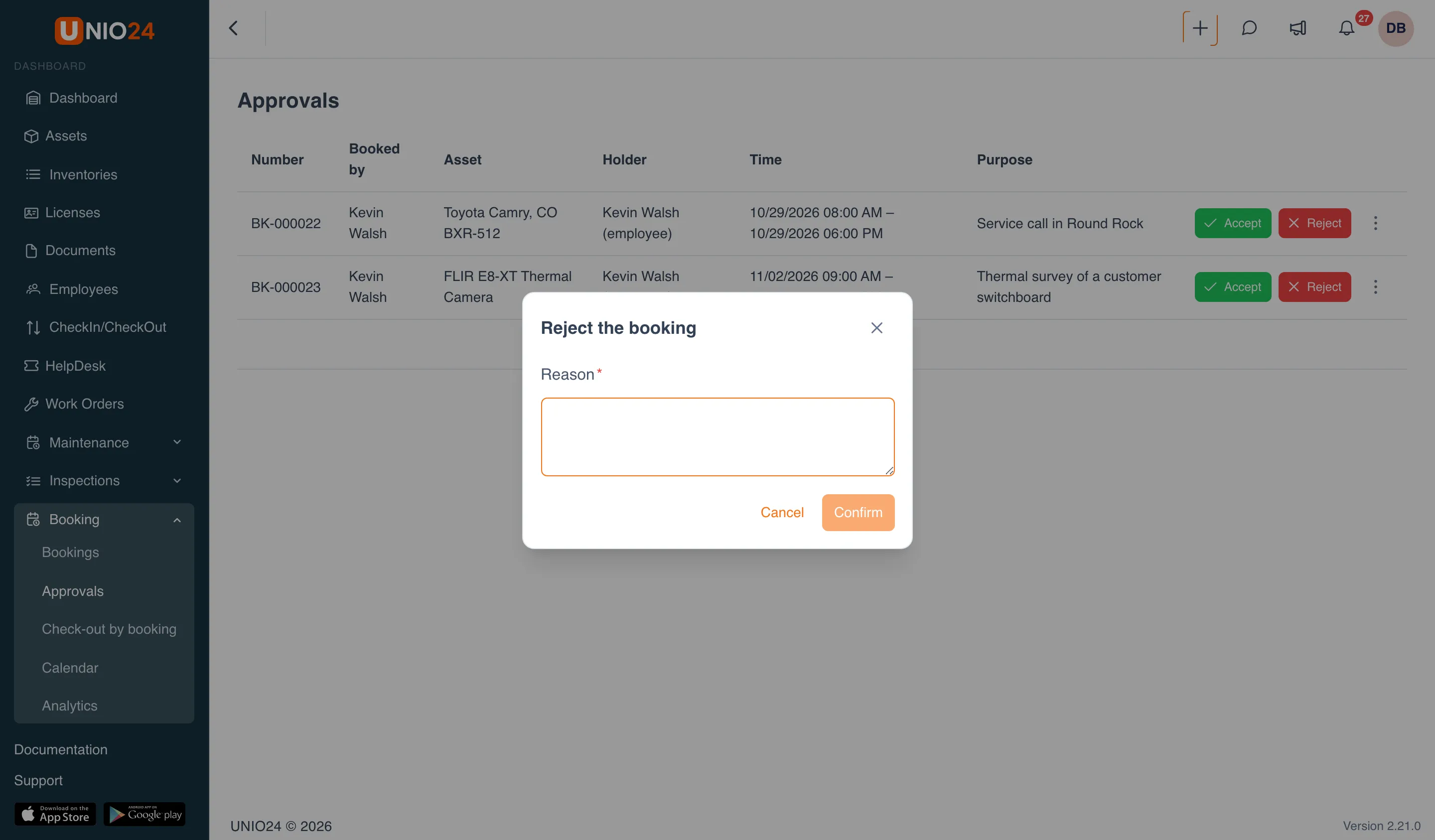 The Reject the booking window with the required Reason field and Cancel and Confirm buttons