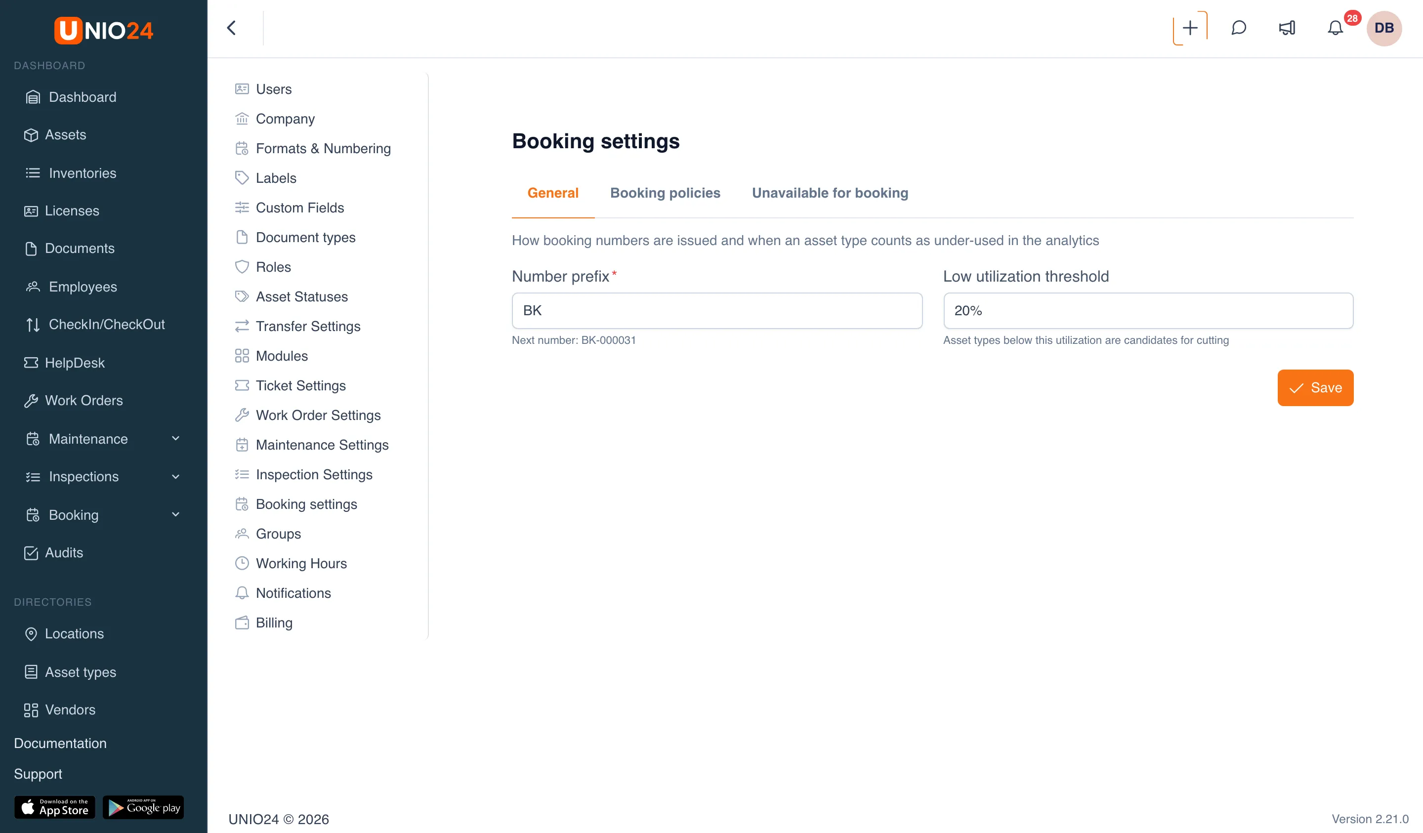 The General tab of Booking settings: the Number prefix field set to BK with “Next number: BK-000031” below it, the Low utilization threshold field set to 20% with a hint, and the Save button