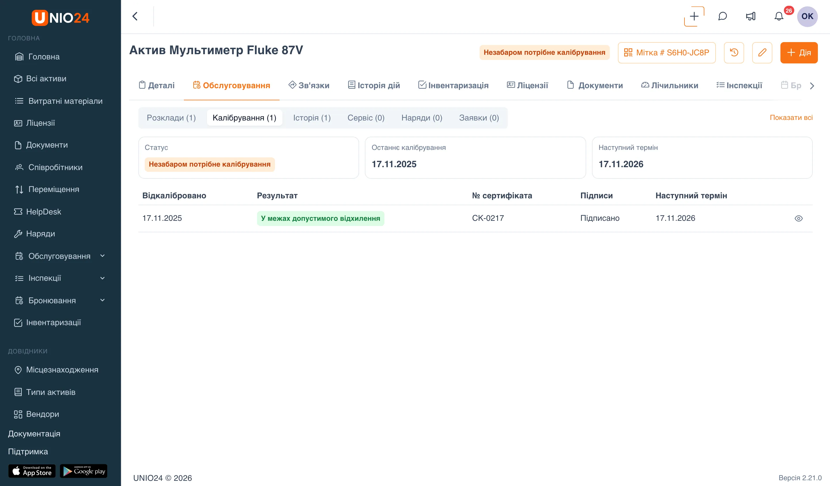 Картка активу «Мультиметр Fluke 87V»: мітка «Незабаром потрібне калібрування» в шапці, вкладка «Обслуговування», розділ «Калібрування» з блоками «Статус», «Останнє калібрування», «Наступний термін» і таблицею записів про калібрування