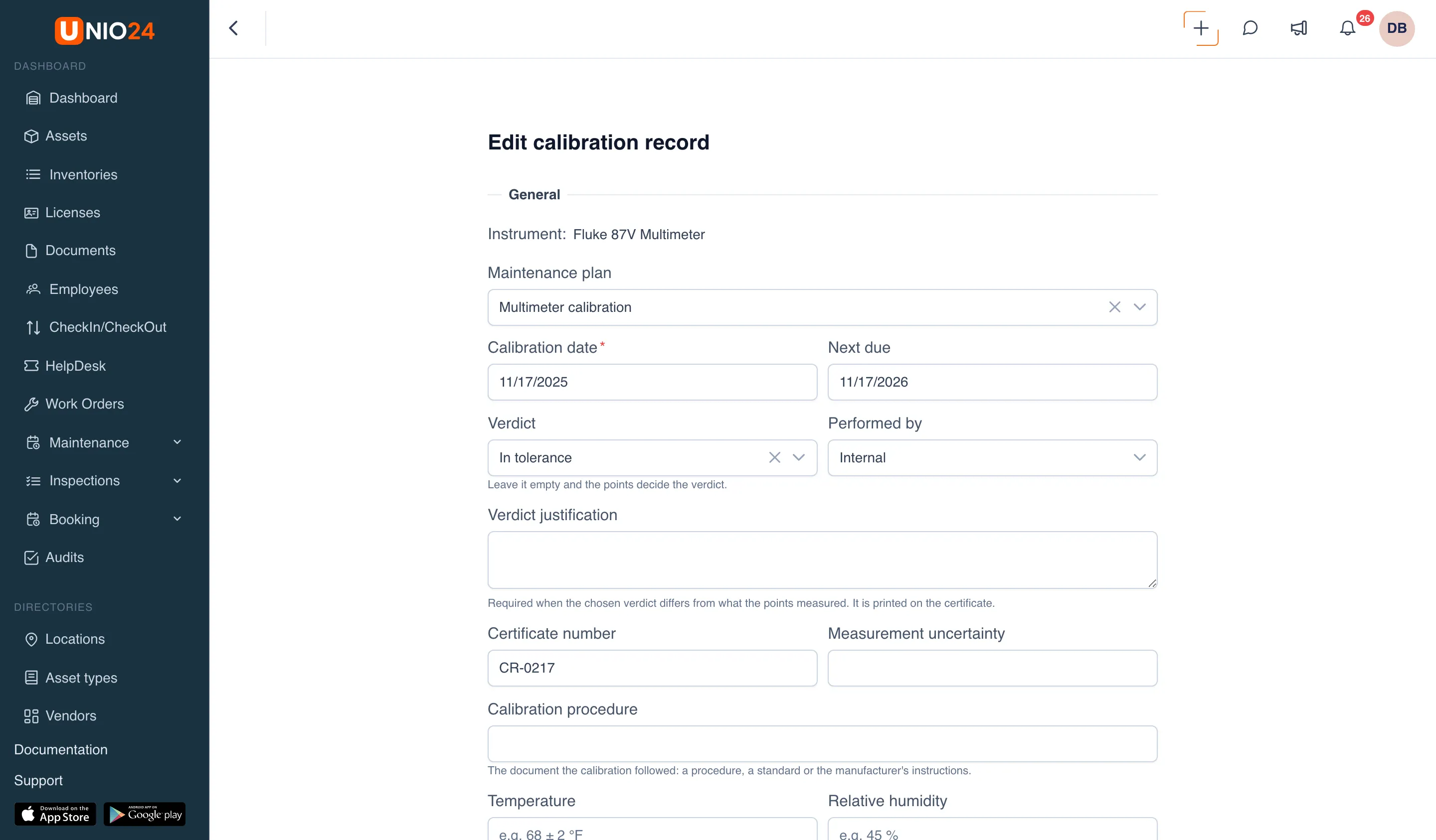 Edit calibration record form: the instrument “Fluke 87V Multimeter”, the Maintenance plan, Calibration date, Next due, Verdict (with the hint “Leave it empty and the points decide the verdict.”), Performed by, Verdict justification, Certificate number, Measurement uncertainty, and Calibration procedure fields