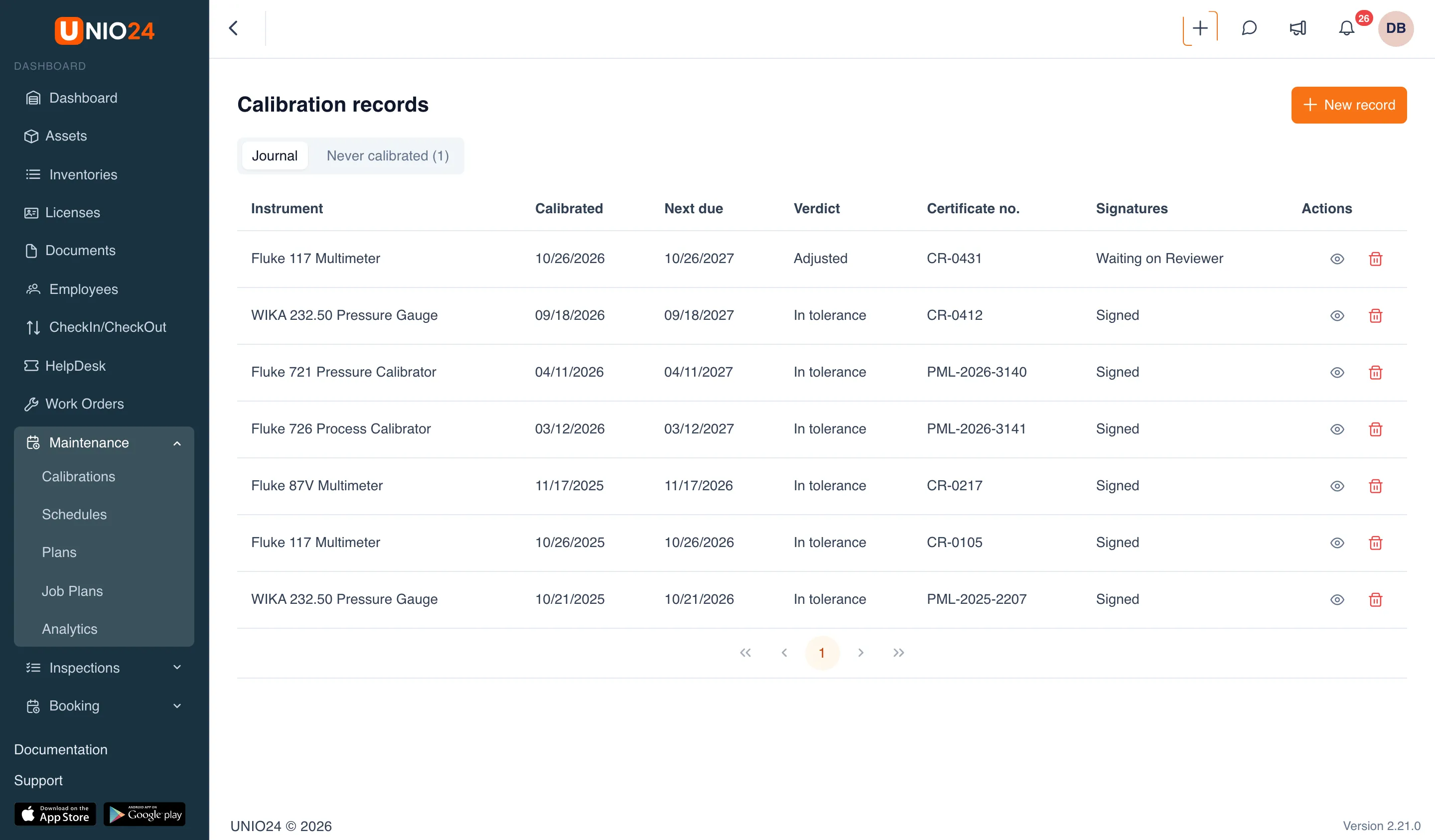 Calibration records page: the New record button, the Journal | Never calibrated switch, and the table of records with the Instrument, Calibrated, Next due, Verdict, Certificate no., and Signatures columns