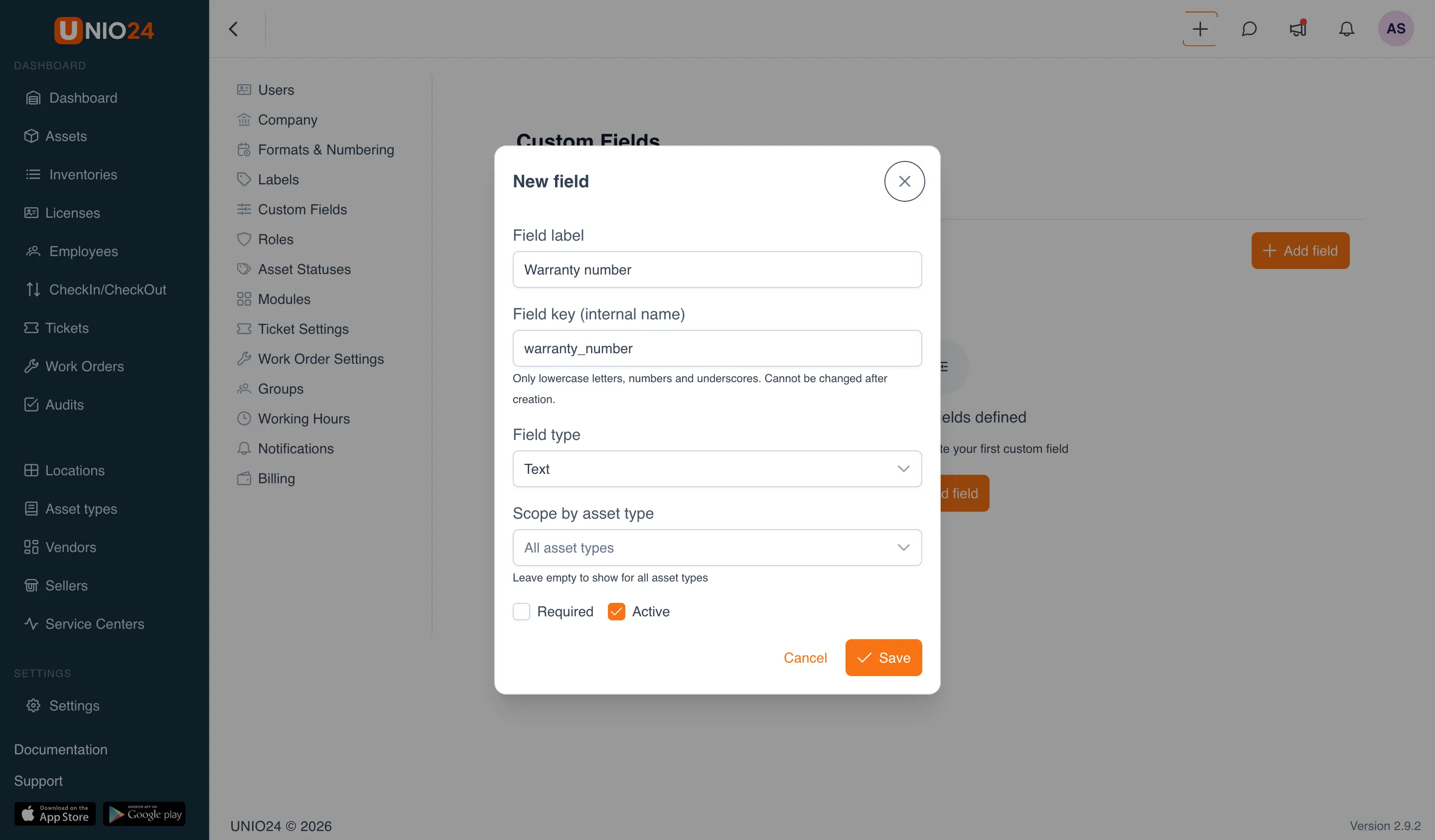 The "New field" dialog with the "Field label" (Warranty number) and "Field key (internal name)" (warranty_number) fields filled in with the hint, the "Field type" dropdown, and the "Required" and "Active" checkboxes