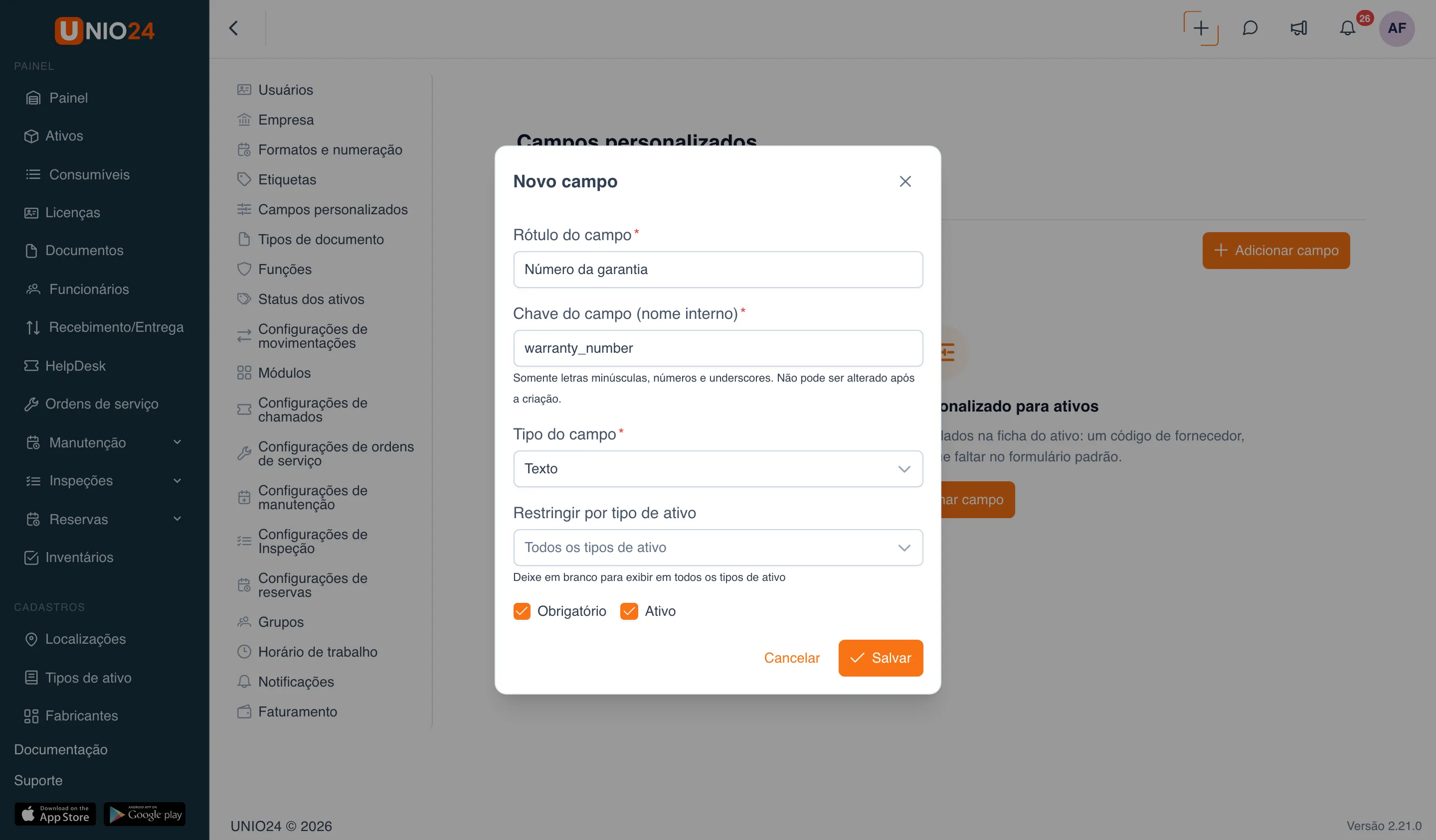 Janela «Novo campo» com «Rótulo do campo» (Número da garantia) e «Chave do campo (nome interno)» (warranty_number) preenchidos, a dica abaixo da chave, a lista «Tipo do campo» com Texto, a opção «Restringir por tipo de ativo» e as caixas «Obrigatório» e «Ativo» marcadas