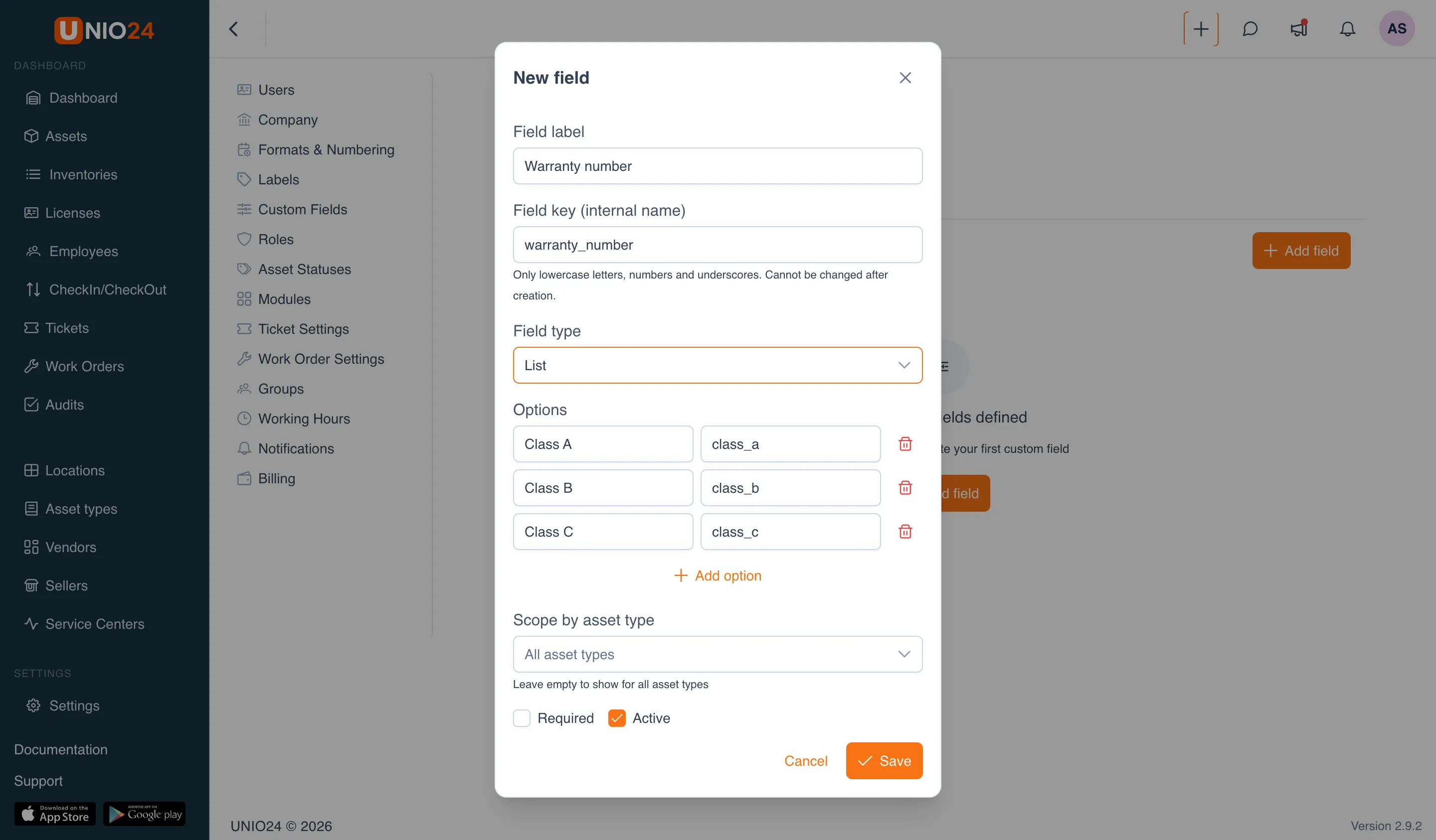 A field dialog with the "List" type and the expanded "Options" section: the rows "Premium / premium" and "Standard / standard" with "Name" and "Value" fields, an "Add option" button, and a trash icon in each row