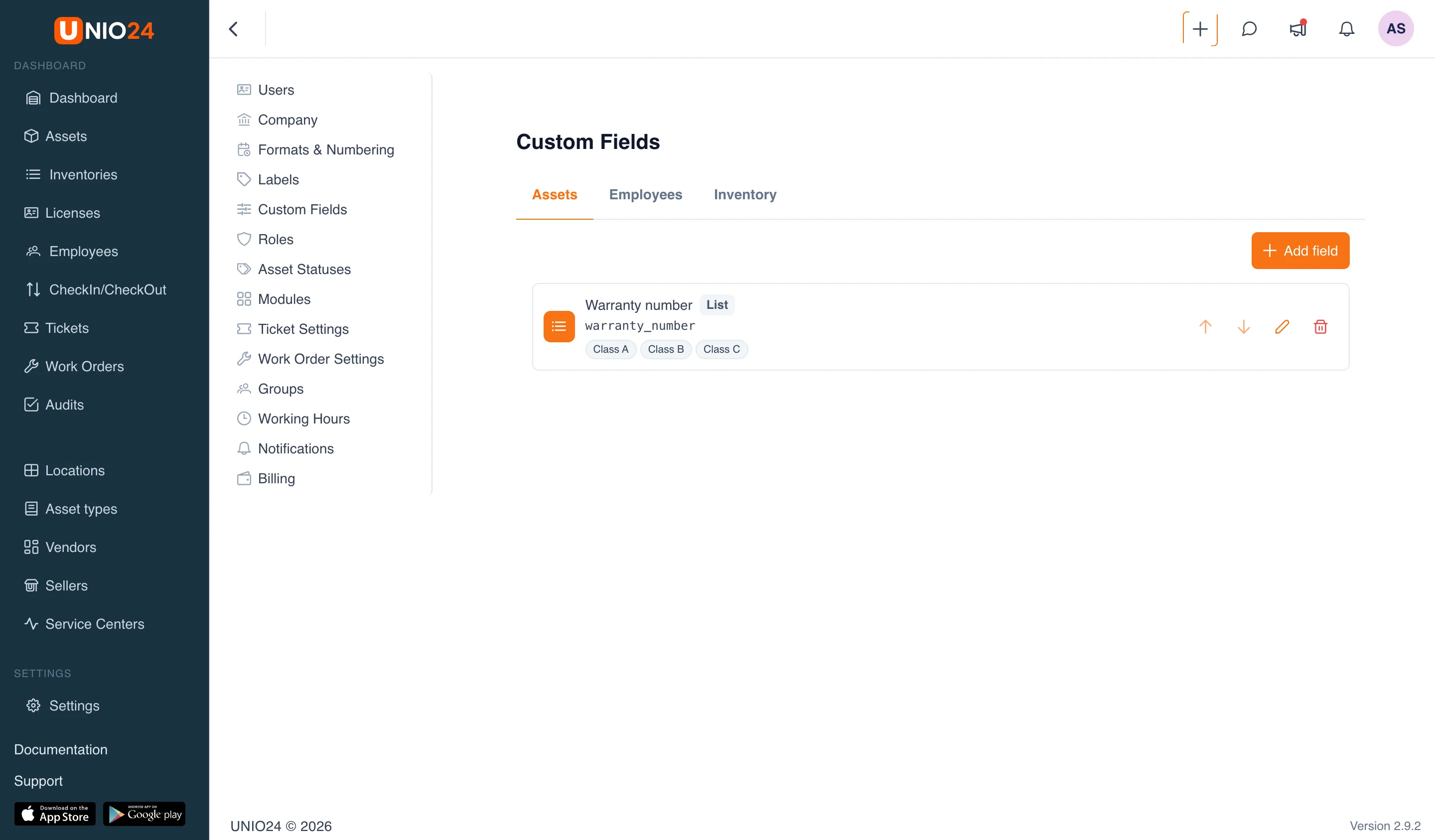 The "Custom Fields" page with the "Assets," "Employees," "Inventory" tabs and a list of fields on the "Assets" tab: the "Warranty number" field (type "Text," "Required") and the "Asset class" field (type "List" with the options "Premium" and "Standard")