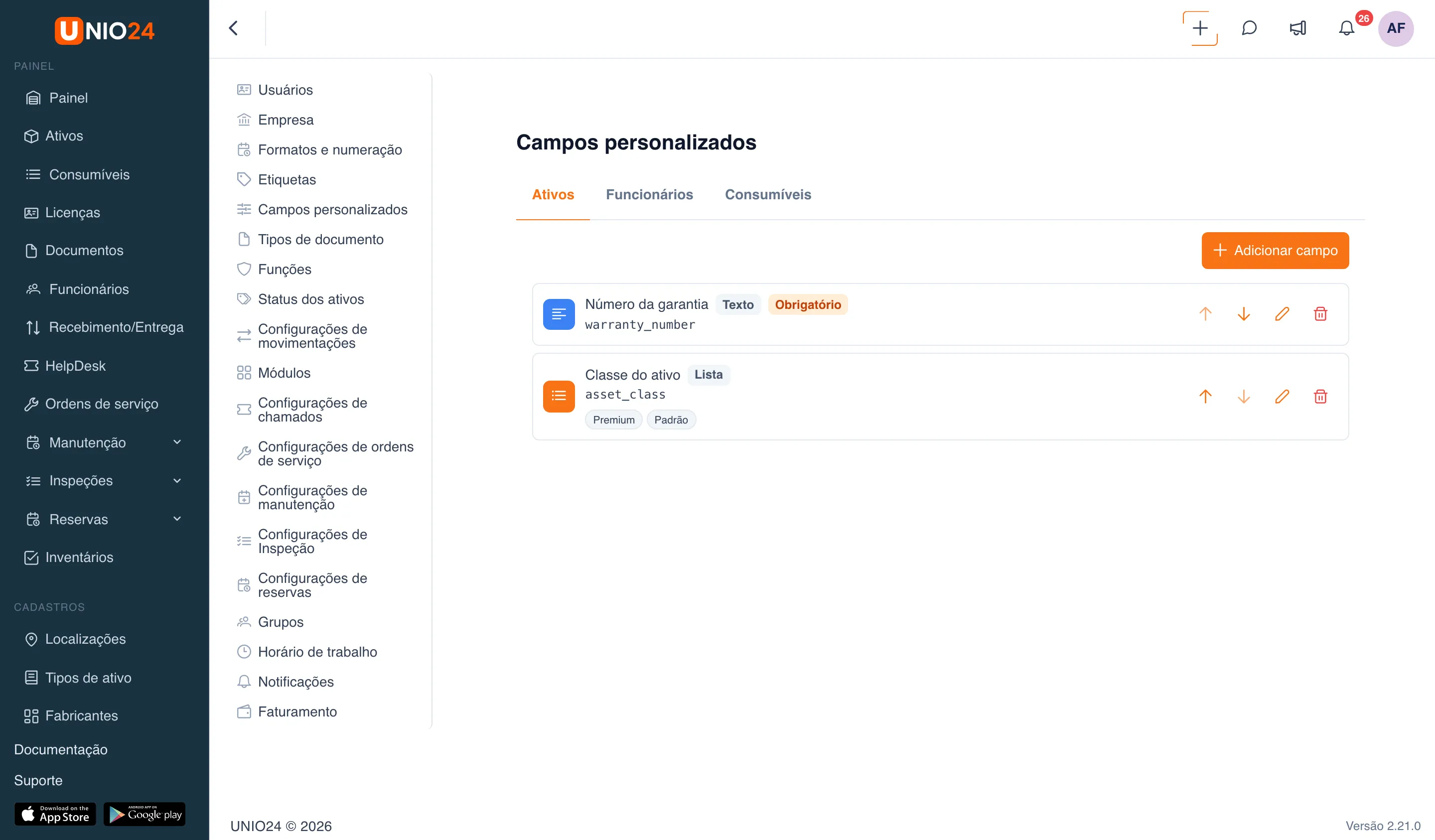 Página «Campos personalizados» com as abas «Ativos», «Funcionários» e «Consumíveis» e a lista de campos da aba «Ativos»: o campo «Número da garantia» (tipo «Texto», «Obrigatório») e o campo «Classe do ativo» (tipo «Lista», com as opções «Premium» e «Padrão»)