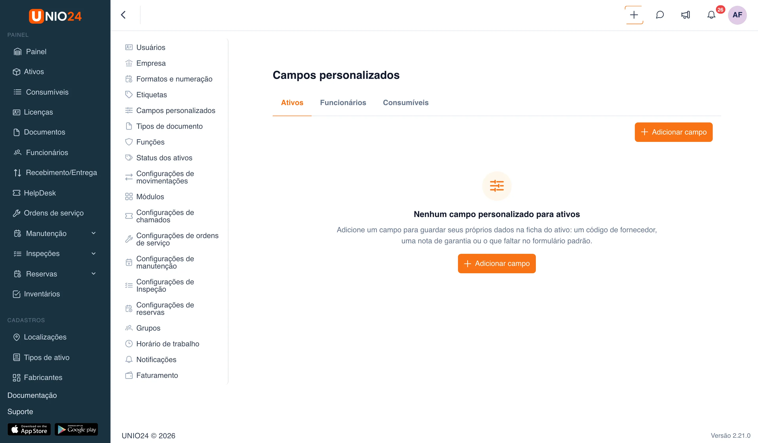 Página «Campos personalizados» com as abas «Ativos», «Funcionários» e «Consumíveis», o botão «Adicionar campo» e o aviso «Nenhum campo personalizado para ativos»