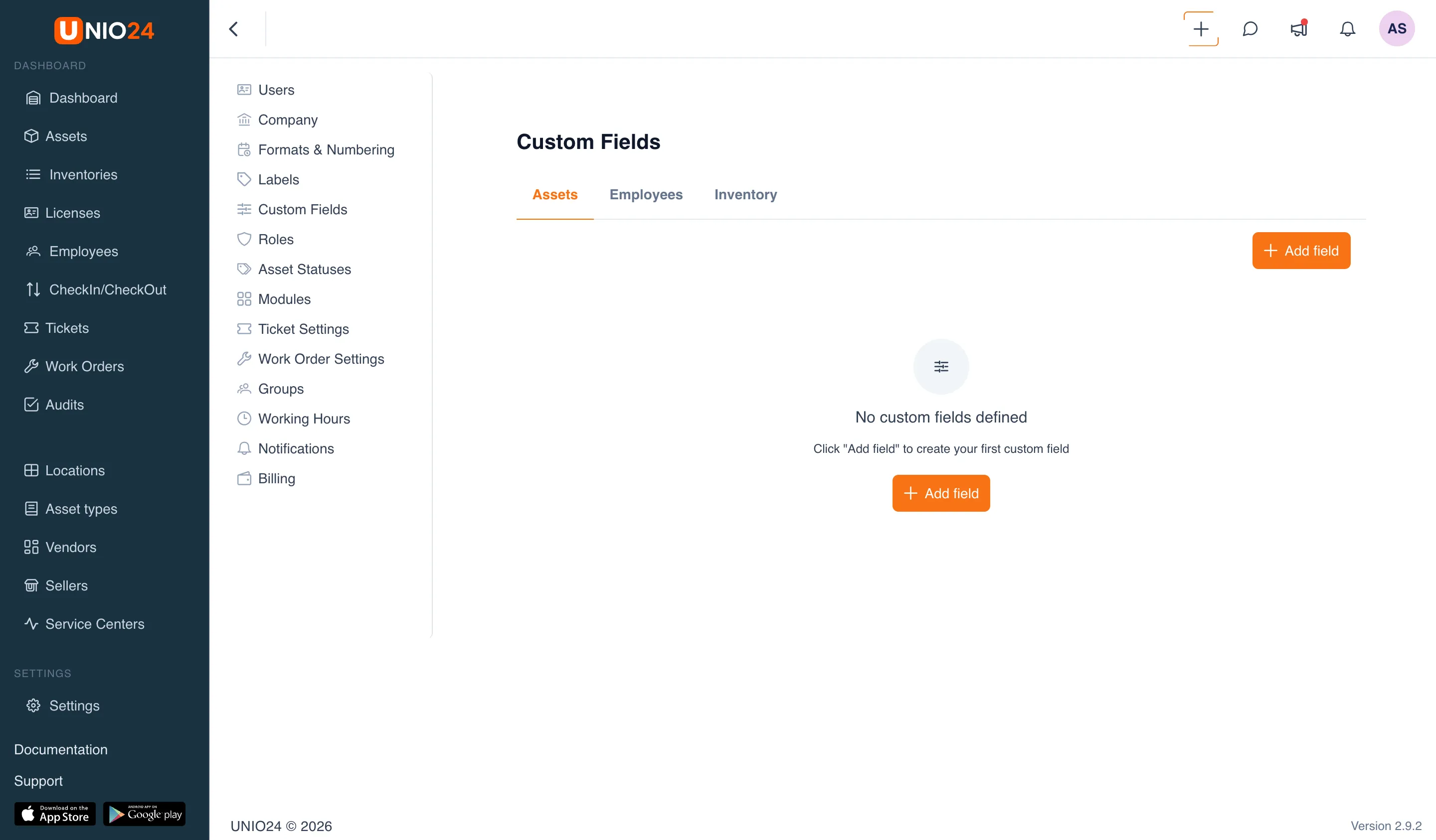 The "Custom Fields" page with the "Assets," "Employees," "Inventory" tabs, an "Add field" button, and the empty state "No custom fields defined"