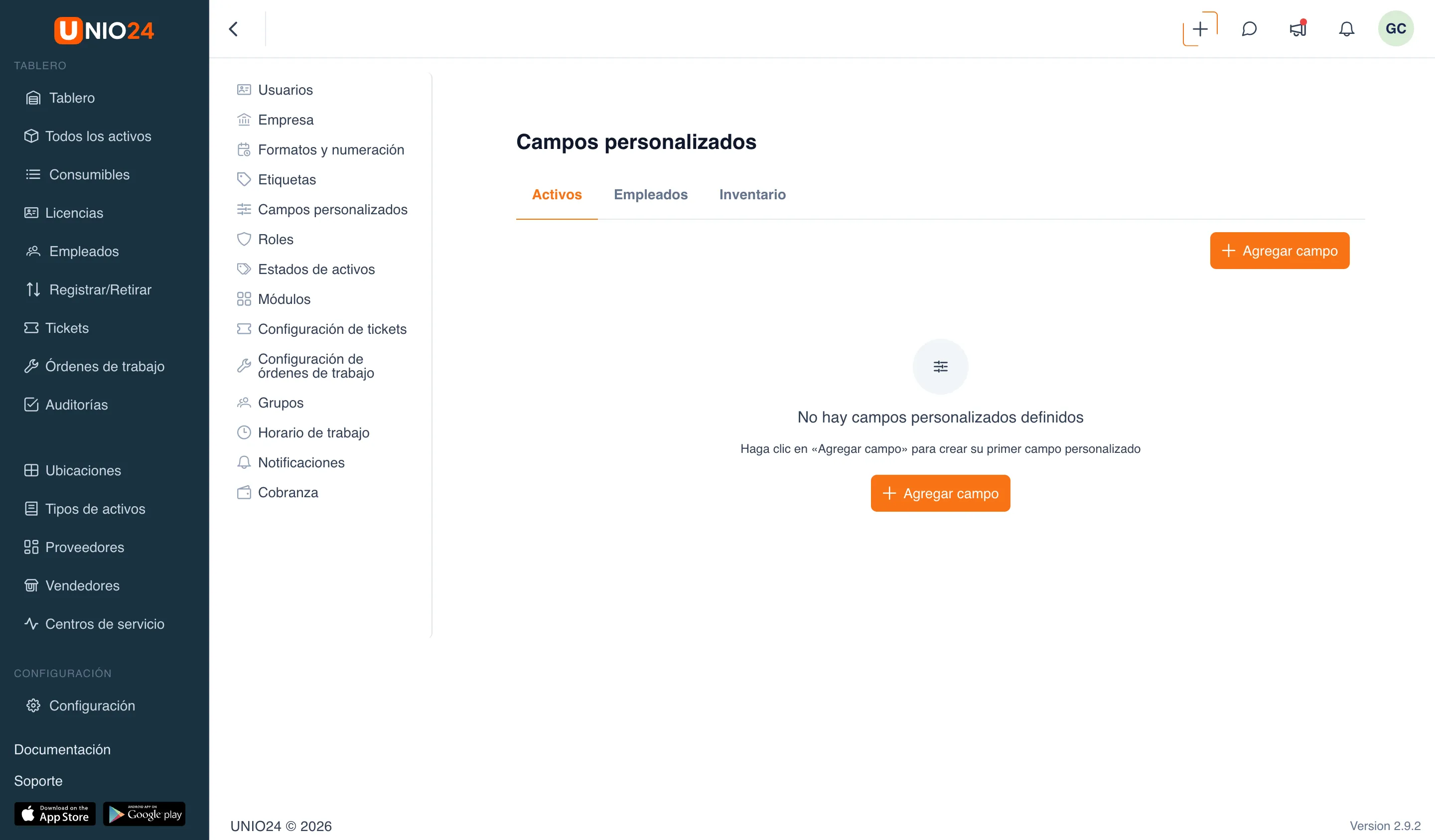 Página «Campos personalizados» con las pestañas «Activos», «Empleados», «Inventario», el botón «Agregar campo» y el estado vacío «No hay campos personalizados definidos»
