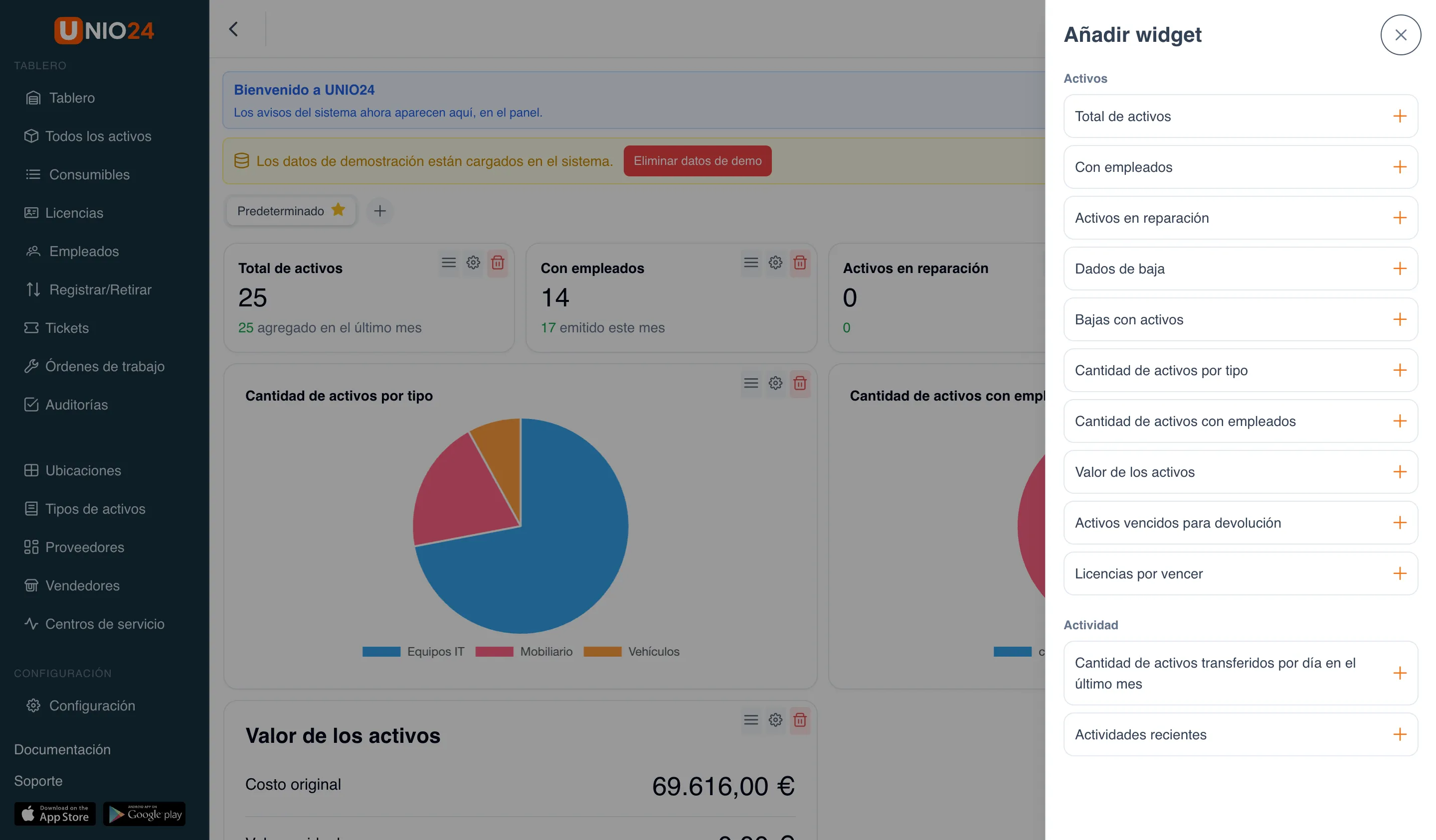 el panel en modo de configuración: el catálogo «Añadir widget» abierto con las categorías «Activos» (Total de activos, Con empleados, Activos en reparación, Dados de baja, Cantidad de activos por tipo, etc.) y «Actividad» (Cantidad de activos transferidos, Actividades recientes)