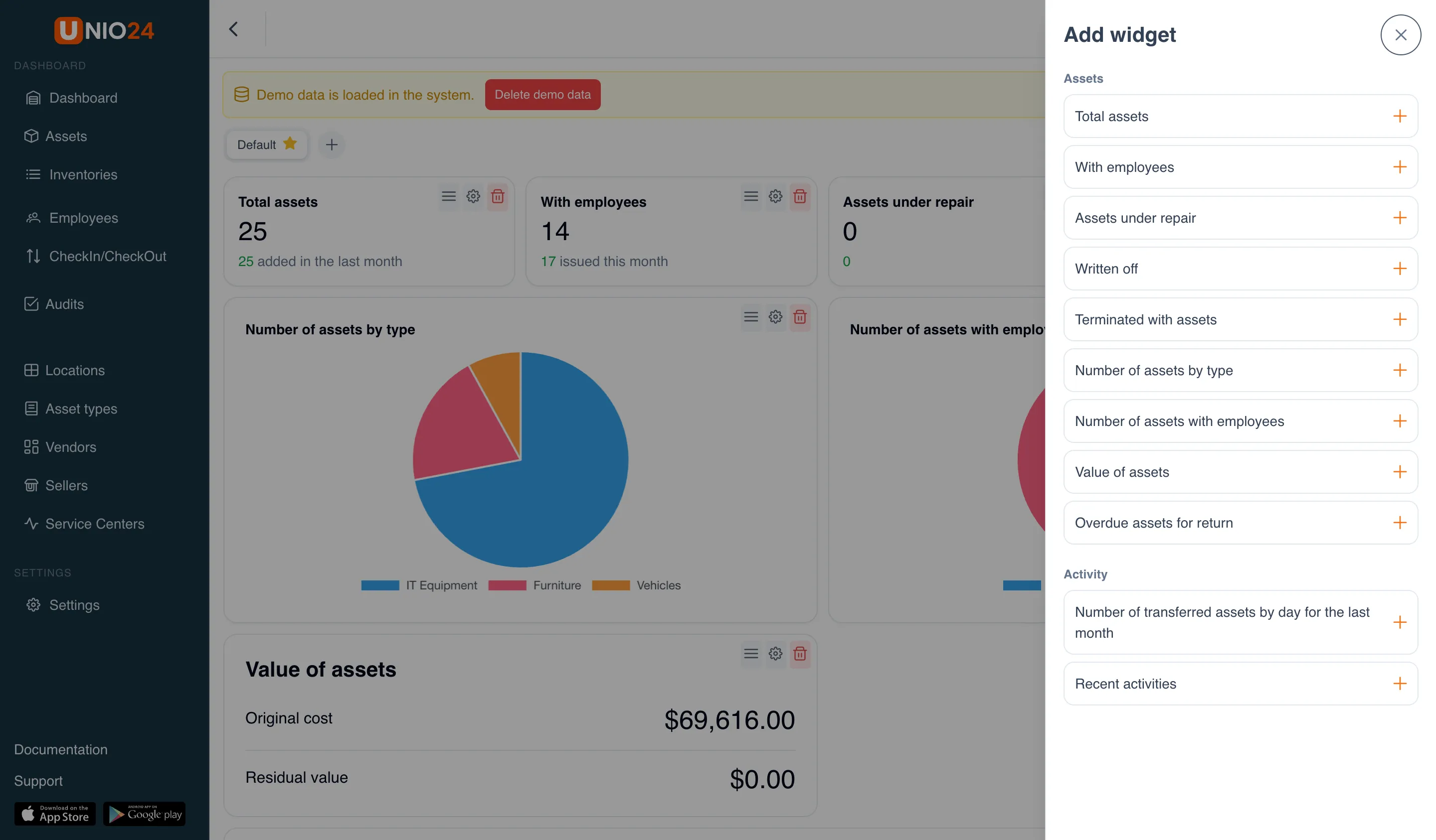 The dashboard in configuration mode: the open Add widget catalog with the Assets category (Total assets, With employees, Assets under repair, Written off, Number of assets by type, and others) and the Activity category (Number of transferred assets, Recent activities)