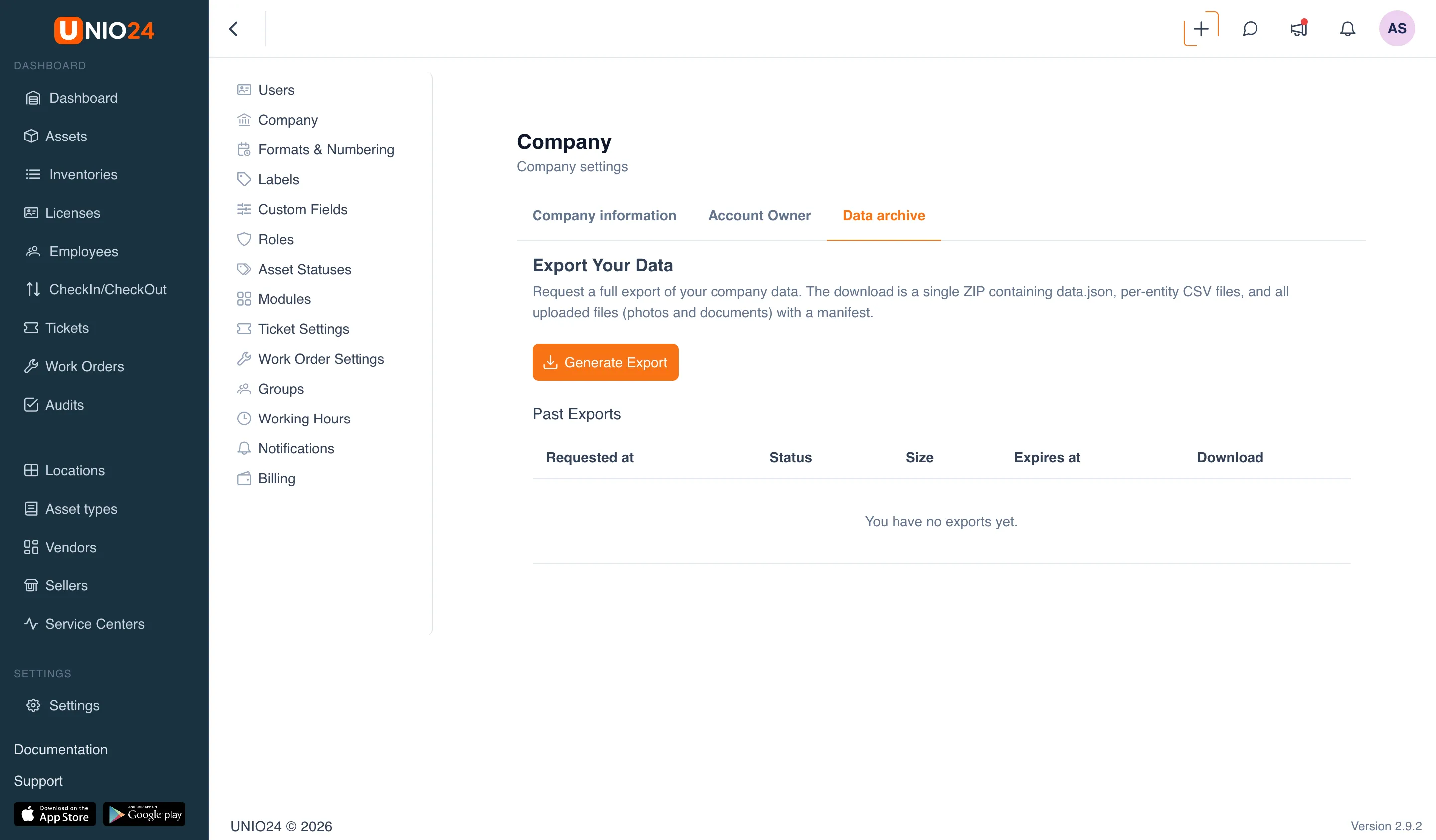 The Data archive tab: the Export Your Data section with the Generate Export button and the Past Exports table with the Requested at, Status, Size, Expires at, and Download columns showing a finished record