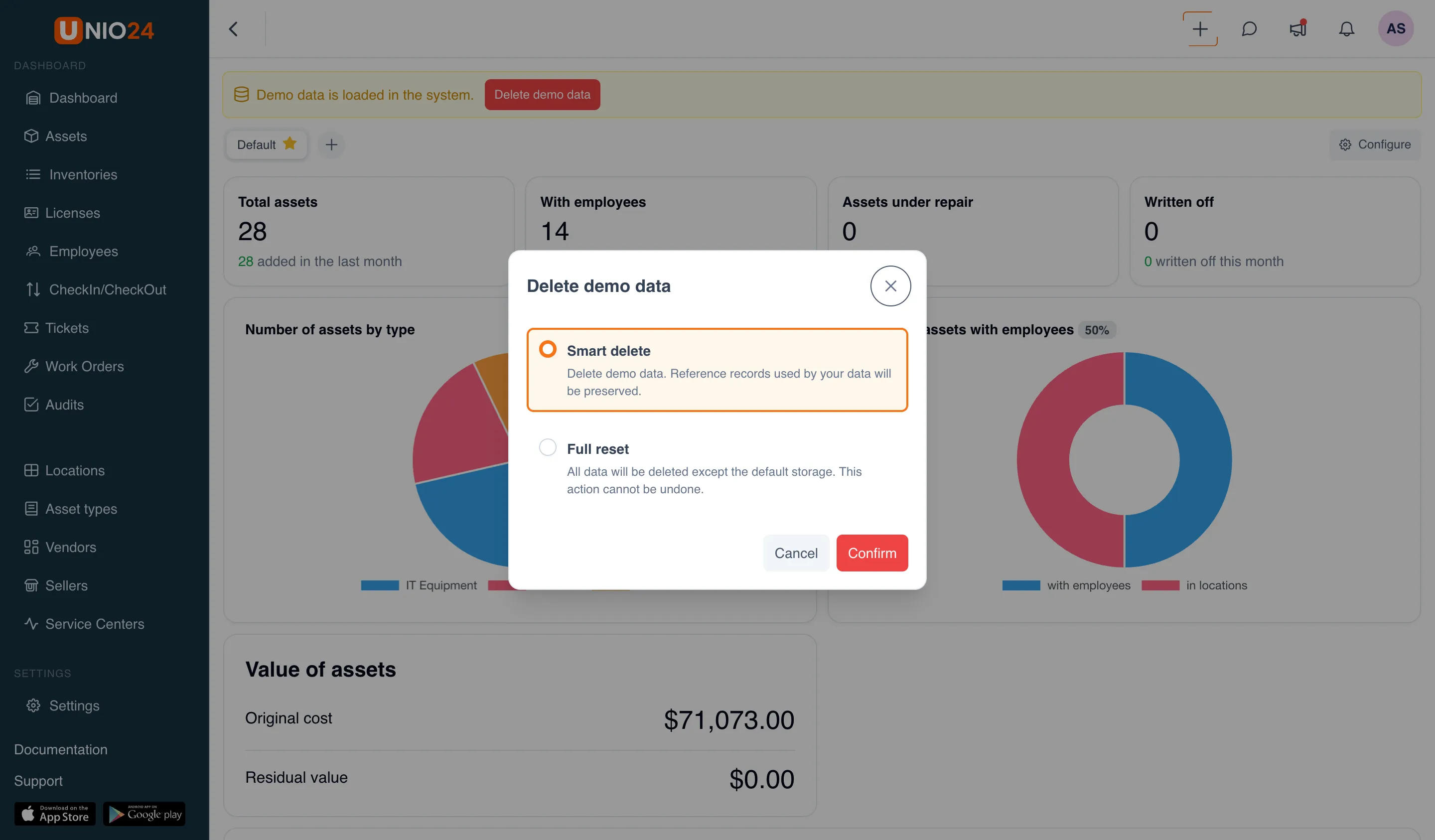 The Analytics page with the Demo data is loaded in the system. warning and the Delete demo data button; the Delete demo data dialog is open with the Smart delete and Full reset options and the Cancel and Confirm buttons