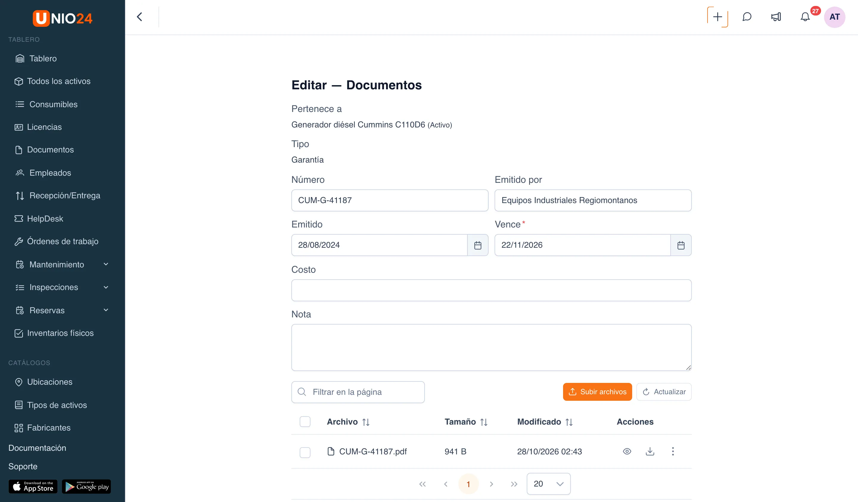 Formulario «Editar — Documentos» de la garantía de un generador diésel: «Pertenece a» y «Tipo» mostrados como texto, campos «Número», «Emitido por», «Emitido», «Vence», «Costo» y «Nota», y tabla de archivos con el botón «Subir archivos»