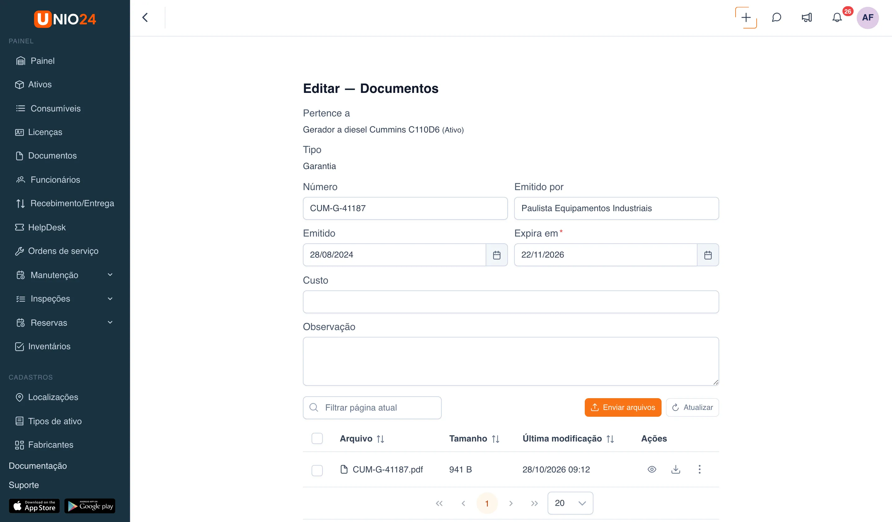 Formulário “Editar — Documentos” da garantia do gerador a diesel Cummins C110D6: “Pertence a” e “Tipo” aparecem como texto, campos “Número”, “Emitido por”, “Emitido”, “Expira em”, “Custo”, “Observação” e a tabela de arquivos com o botão “Enviar arquivos”