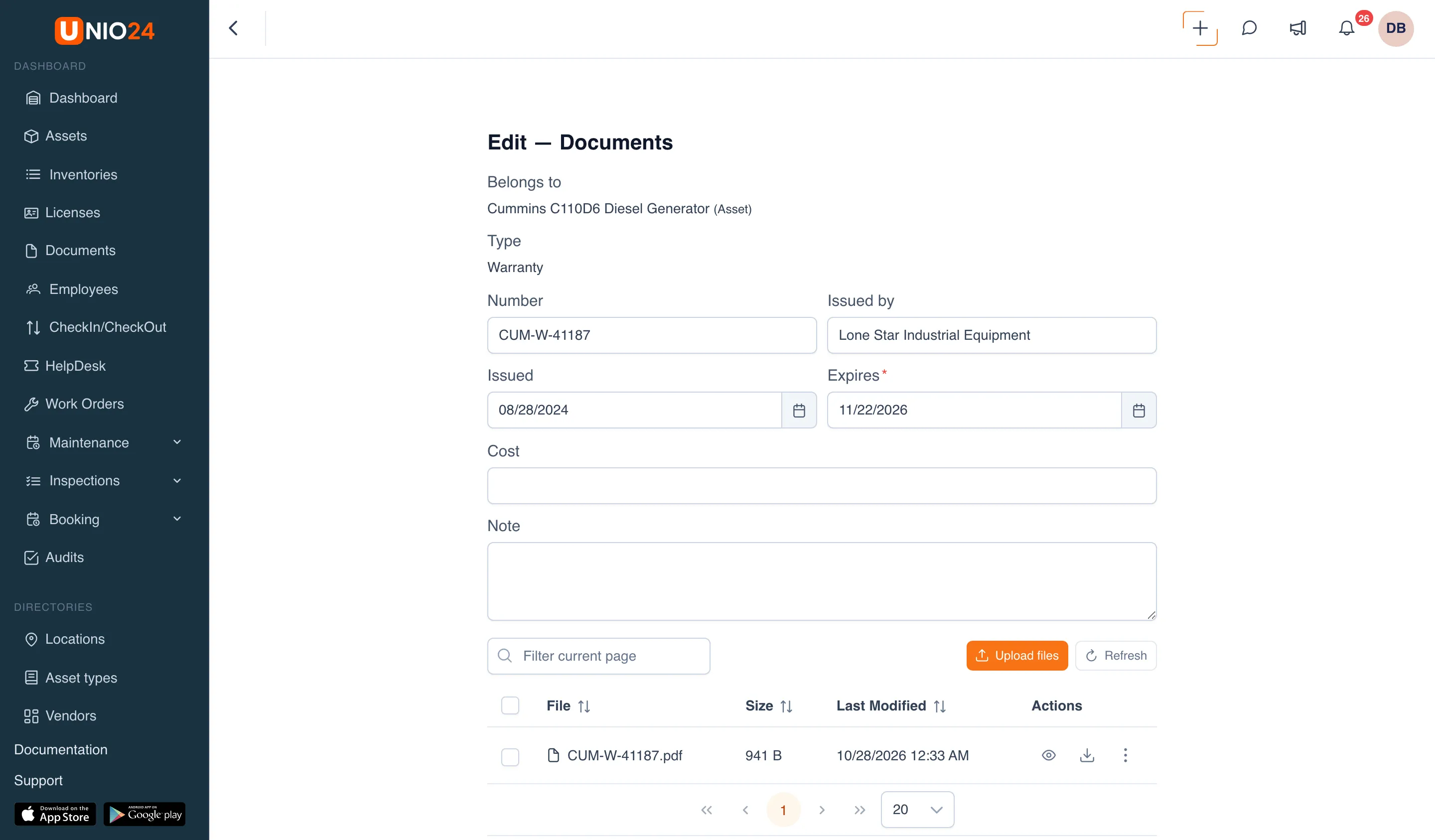 The Edit — Documents form for a diesel generator warranty: Belongs to and Type shown as text, the Number, Issued by, Issued, Expires, Cost, and Note fields, and a table of files with the Upload files button