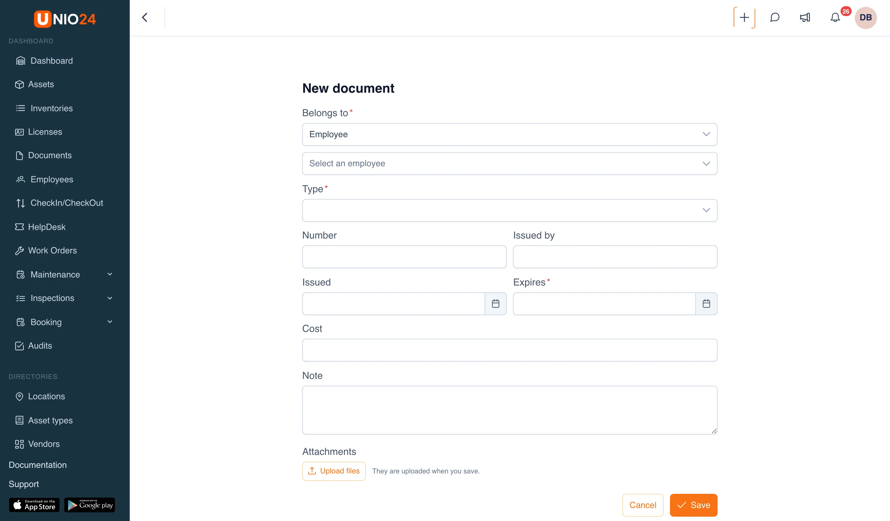 The New document form: the Belongs to field set to Employee, the Select an employee list, the Type field, the Number, Issued by, Issued, Expires, Cost, and Note fields, the Attachments block with the Upload files button, and Cancel and Save buttons