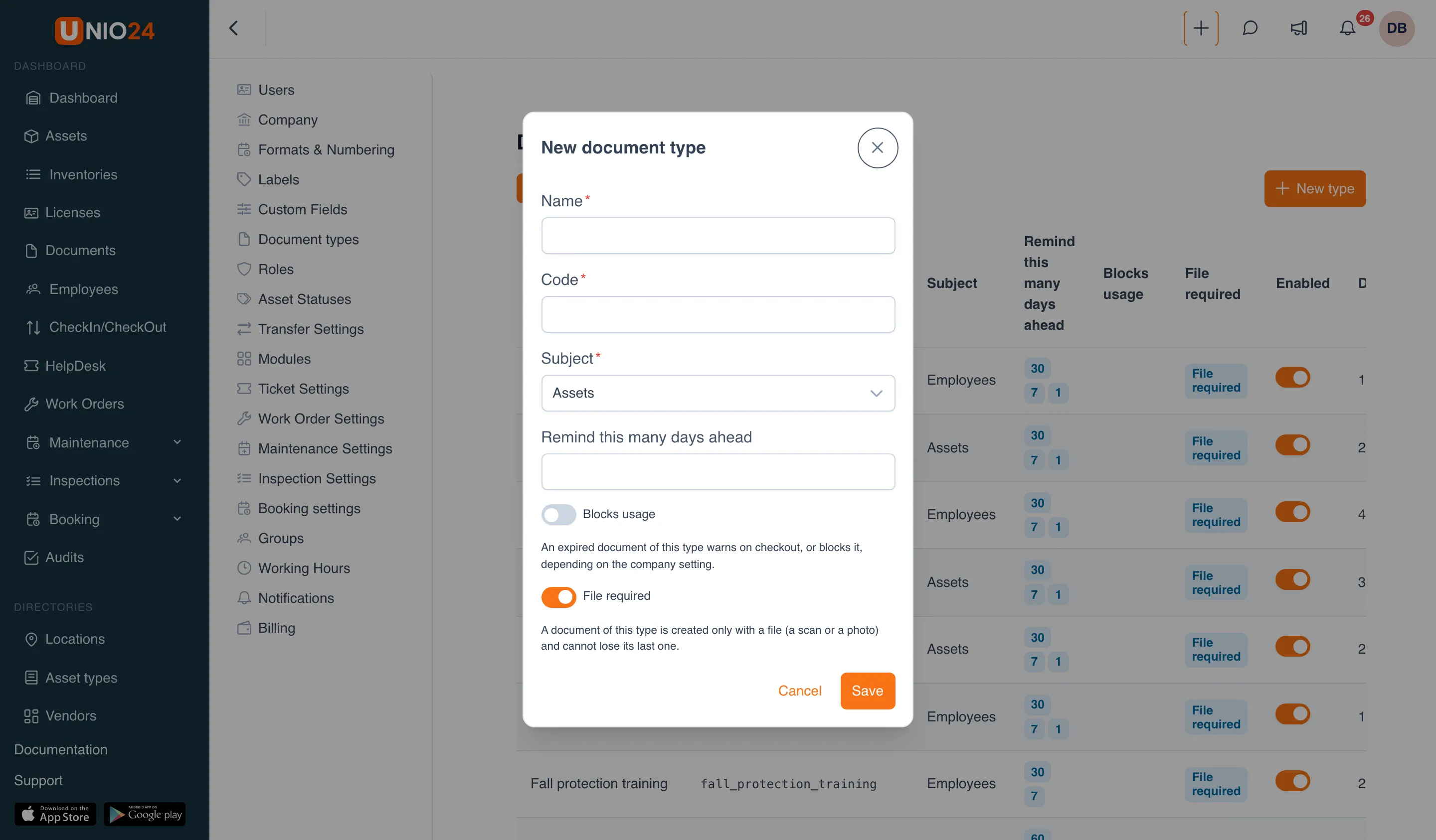 The New document type window: the Name, Code, Subject, and Remind this many days ahead fields, the Blocks usage and File required switches with explanations, and Cancel and Save buttons