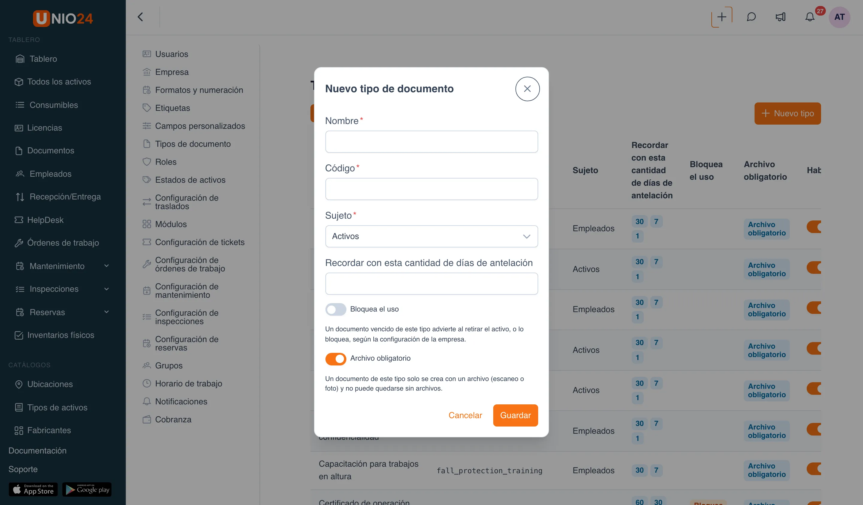 Ventana «Nuevo tipo de documento»: campos «Nombre», «Código», «Sujeto» y «Recordar con esta cantidad de días de antelación», interruptores «Bloquea el uso» y «Archivo obligatorio» con sus explicaciones y los botones «Cancelar» y «Guardar»