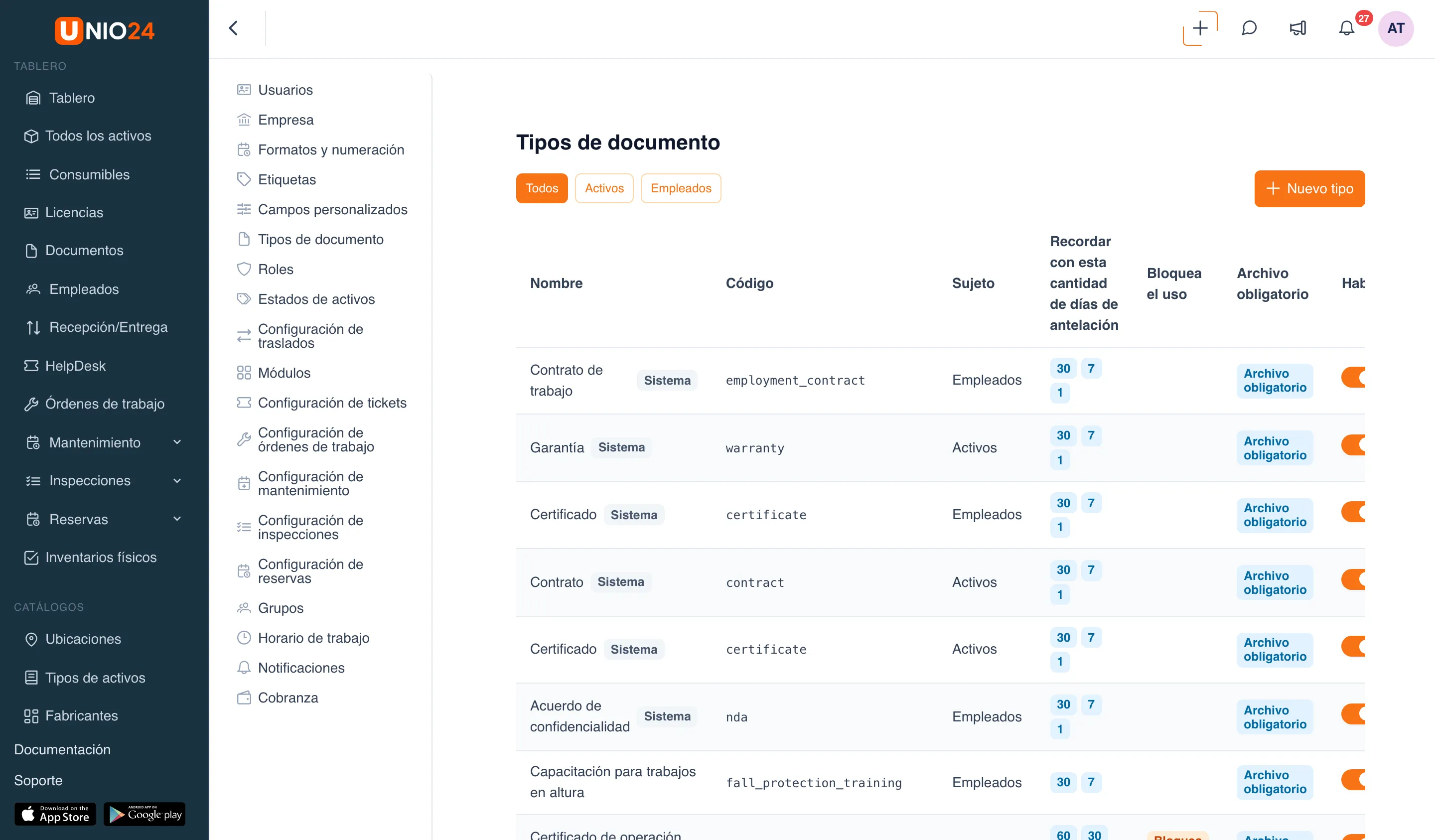 Página «Tipos de documento»: botones «Todos», «Activos» y «Empleados», botón «Nuevo tipo» y tabla de tipos con las columnas «Nombre», «Código», «Sujeto», «Recordar con esta cantidad de días de antelación» (días como etiquetas), «Bloquea el uso», «Archivo obligatorio» y «Habilitado»; los tipos integrados tienen la etiqueta «Sistema»