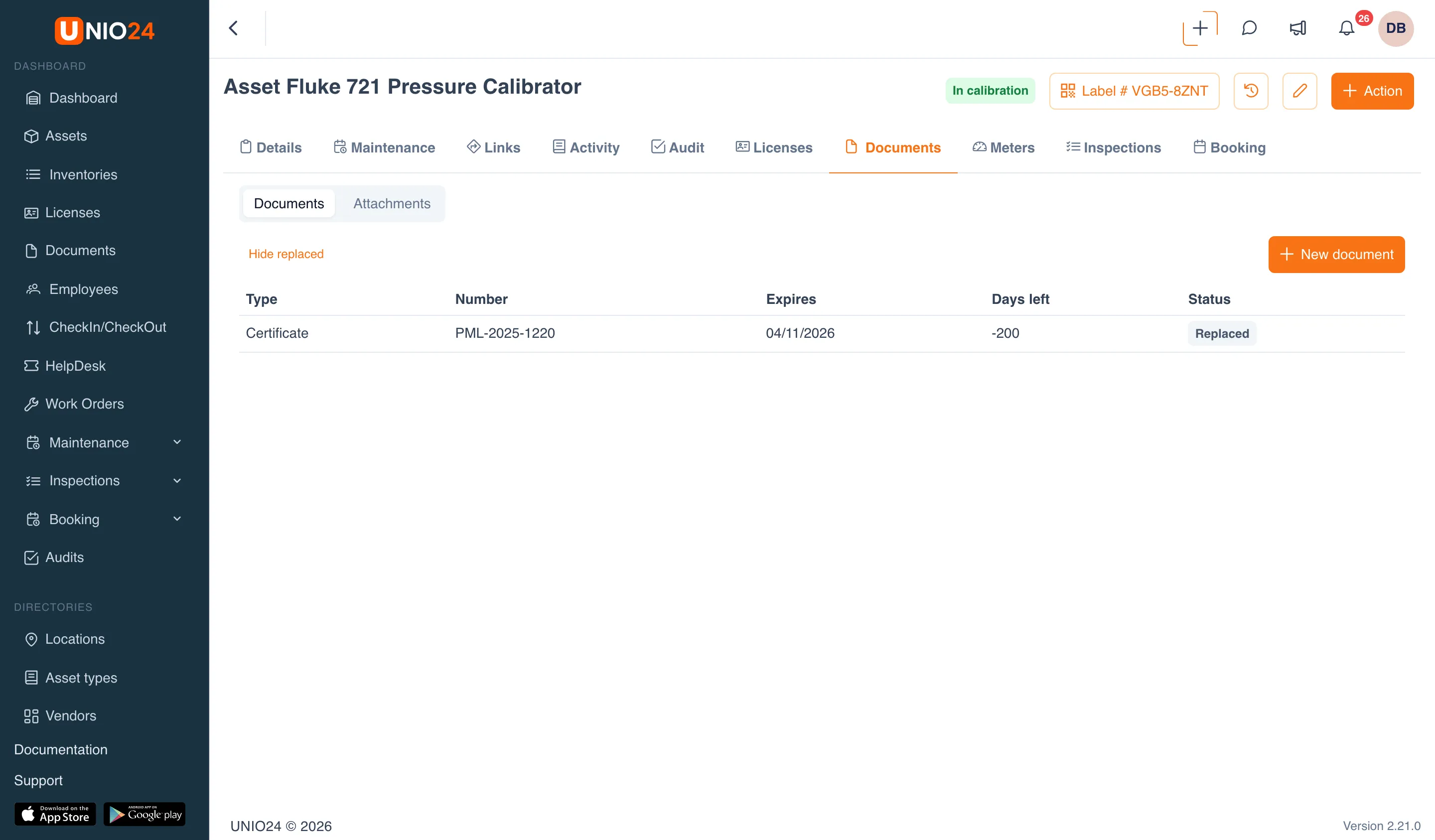 The Documents tab of the Fluke 721 Pressure Calibrator asset card: the Documents | Attachments switch, the Hide replaced link, the New document button, and the replaced certificate PML-2025-1220 with the Replaced status