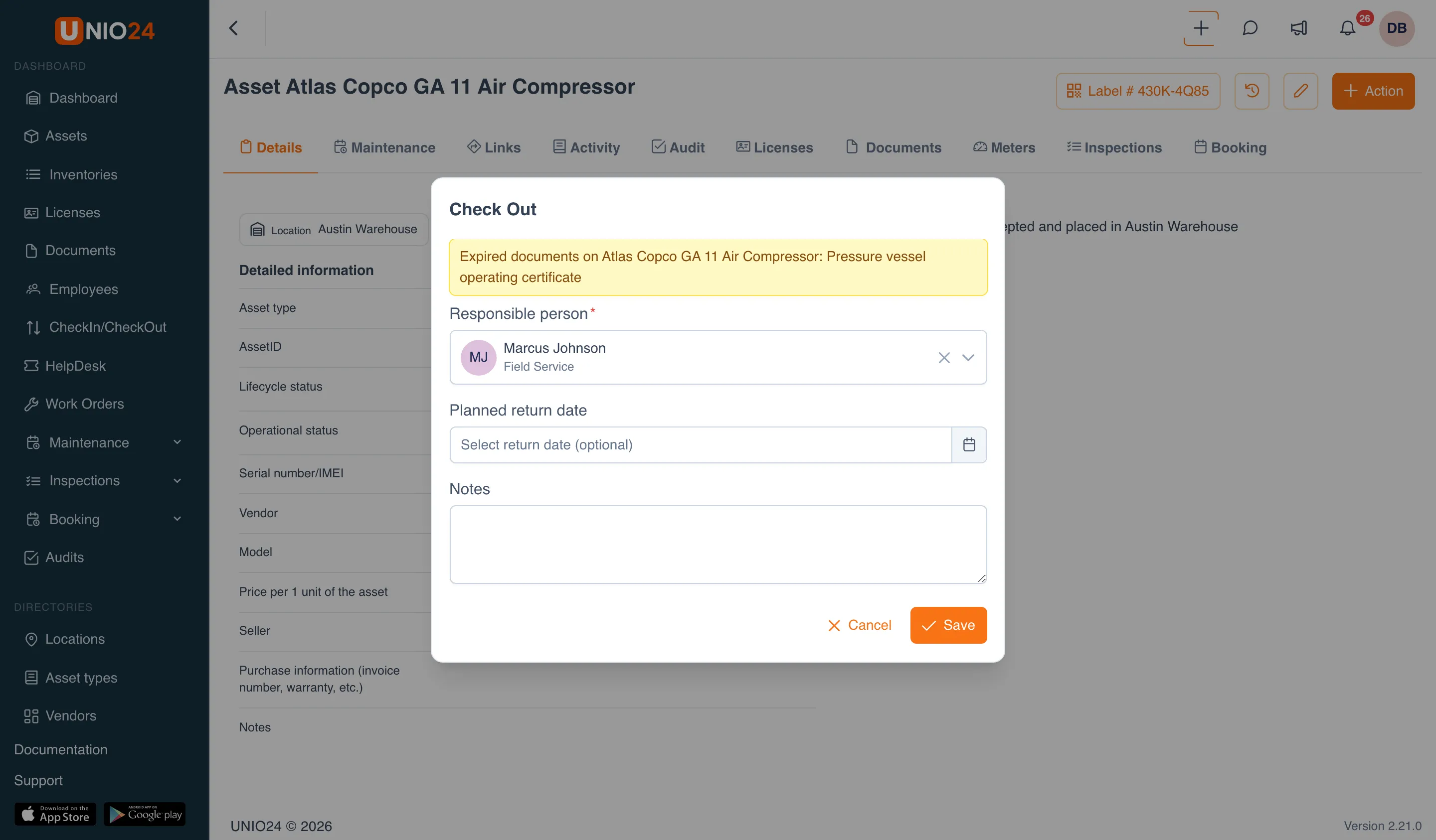 The Check Out window for the compressor: a yellow warning “Expired documents on Atlas Copco GA 11 Air Compressor: Pressure vessel operating certificate”, the selected responsible person, and the Planned return date and Notes fields