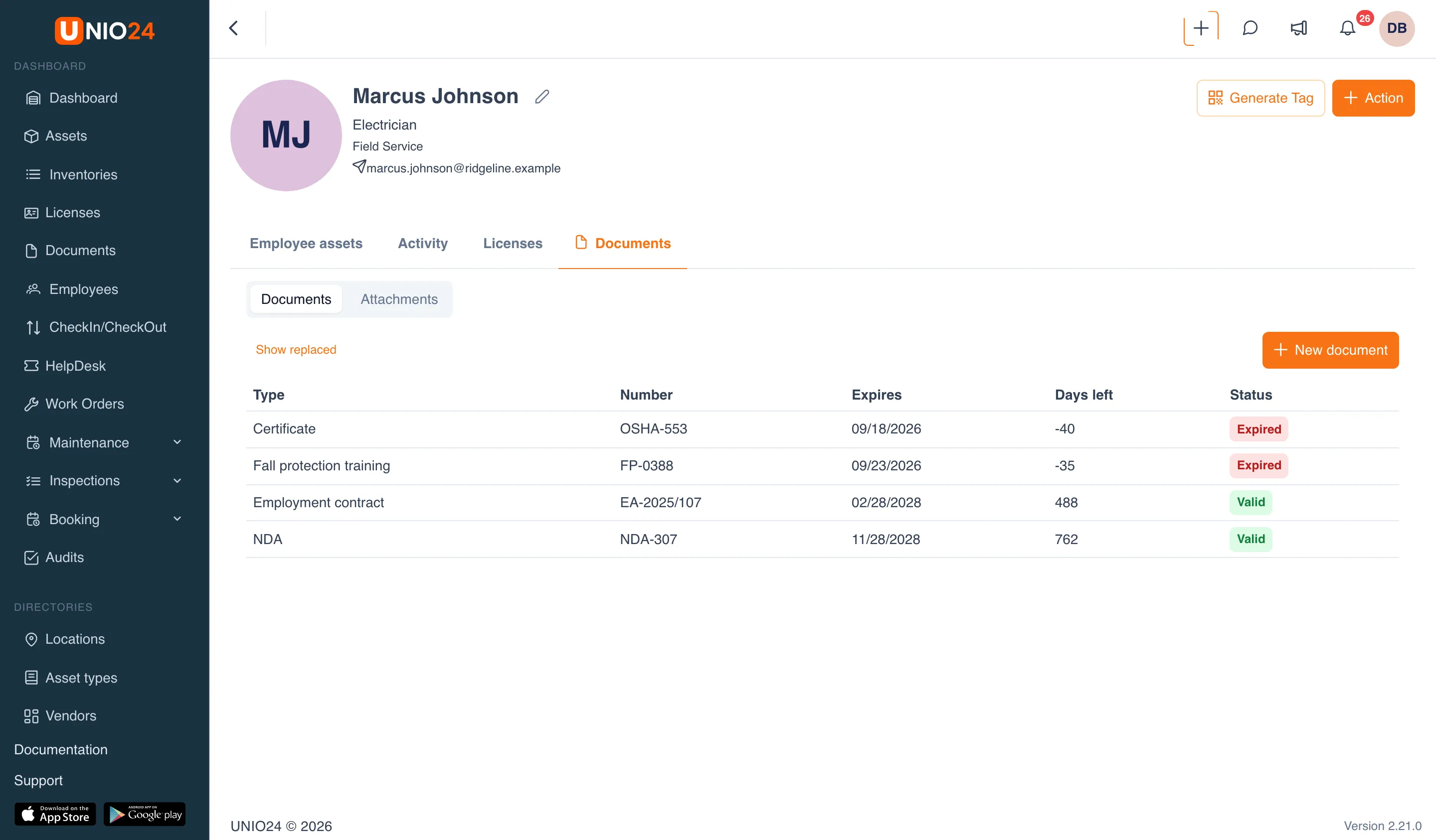 The Documents tab of the Marcus Johnson employee card: the Documents | Attachments switch, the Show replaced link, the New document button, and a table with the Type, Number, Expires, Days left, and Status columns: a certificate and fall protection training are Expired, an employment contract and an NDA are Valid