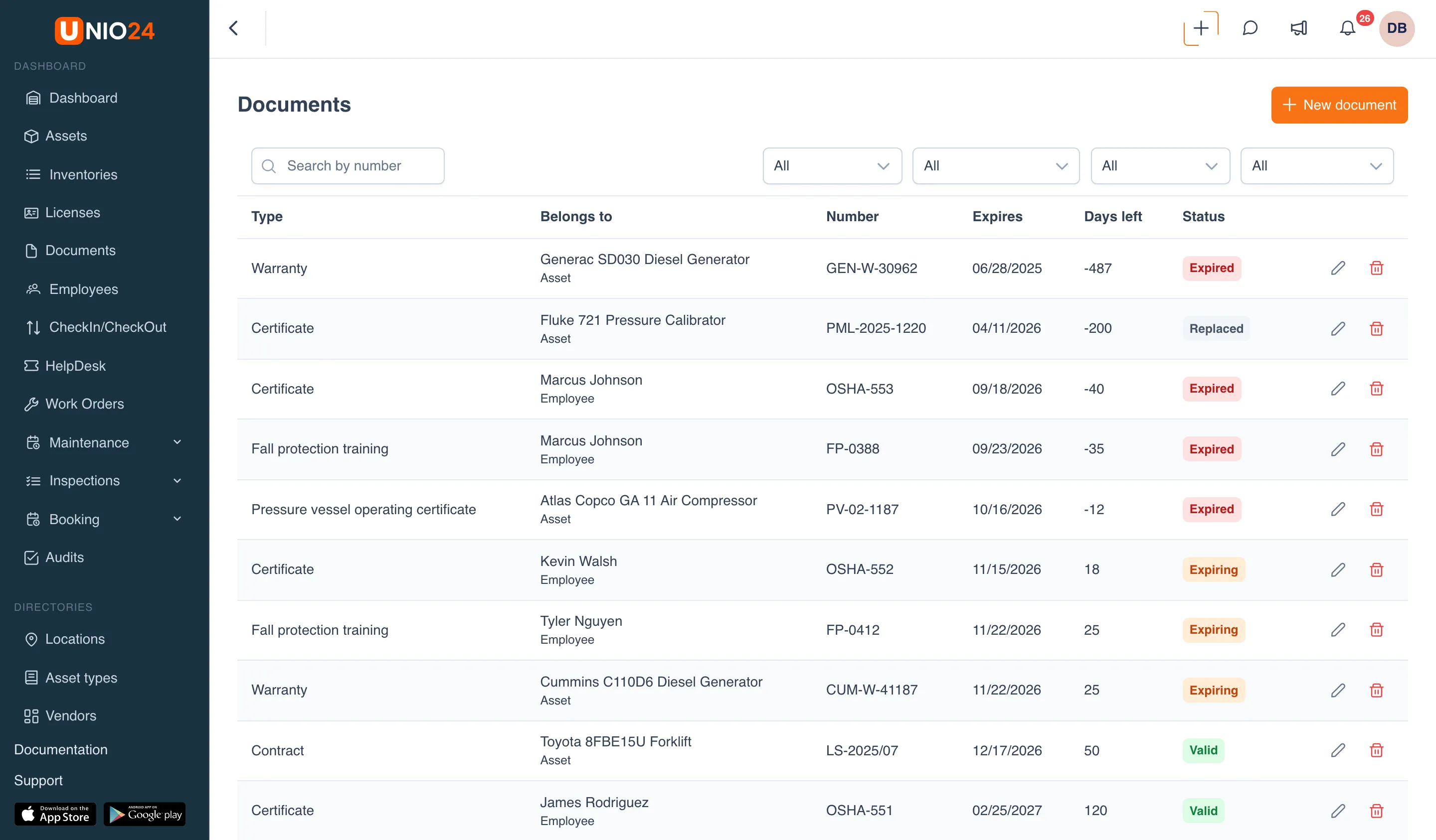 The Documents page: the New document button, search by number, filters, and a table of documents with the Type, Belongs to, Number, Expires, Days left, and Status columns, with Edit and Delete actions in every row