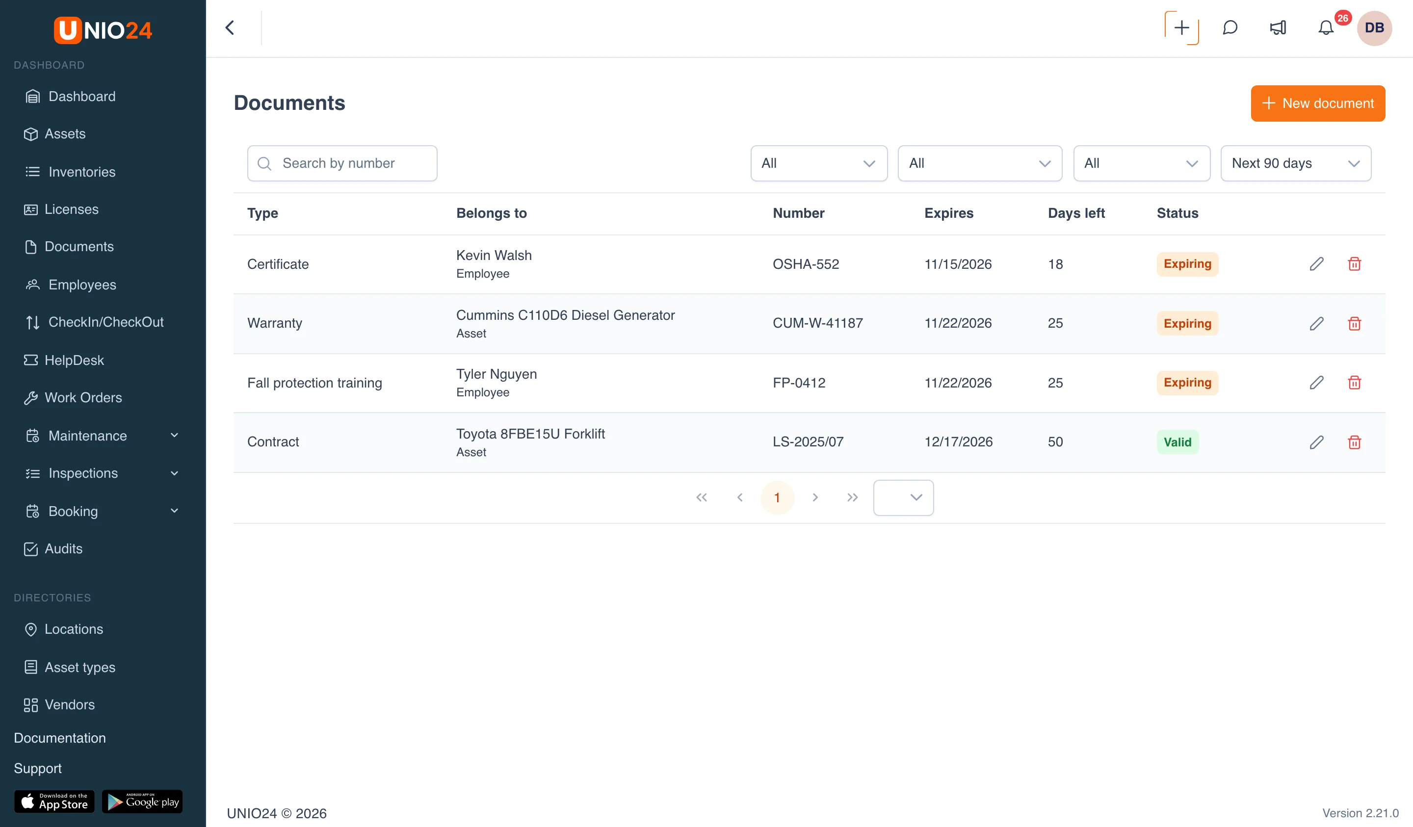 The Documents page with the Next 90 days filter: an employee certificate, a generator warranty, and a fall protection training record with the Expiring status, and a forklift contract with the Valid status; the Days left column shows 18, 25, 25, and 50