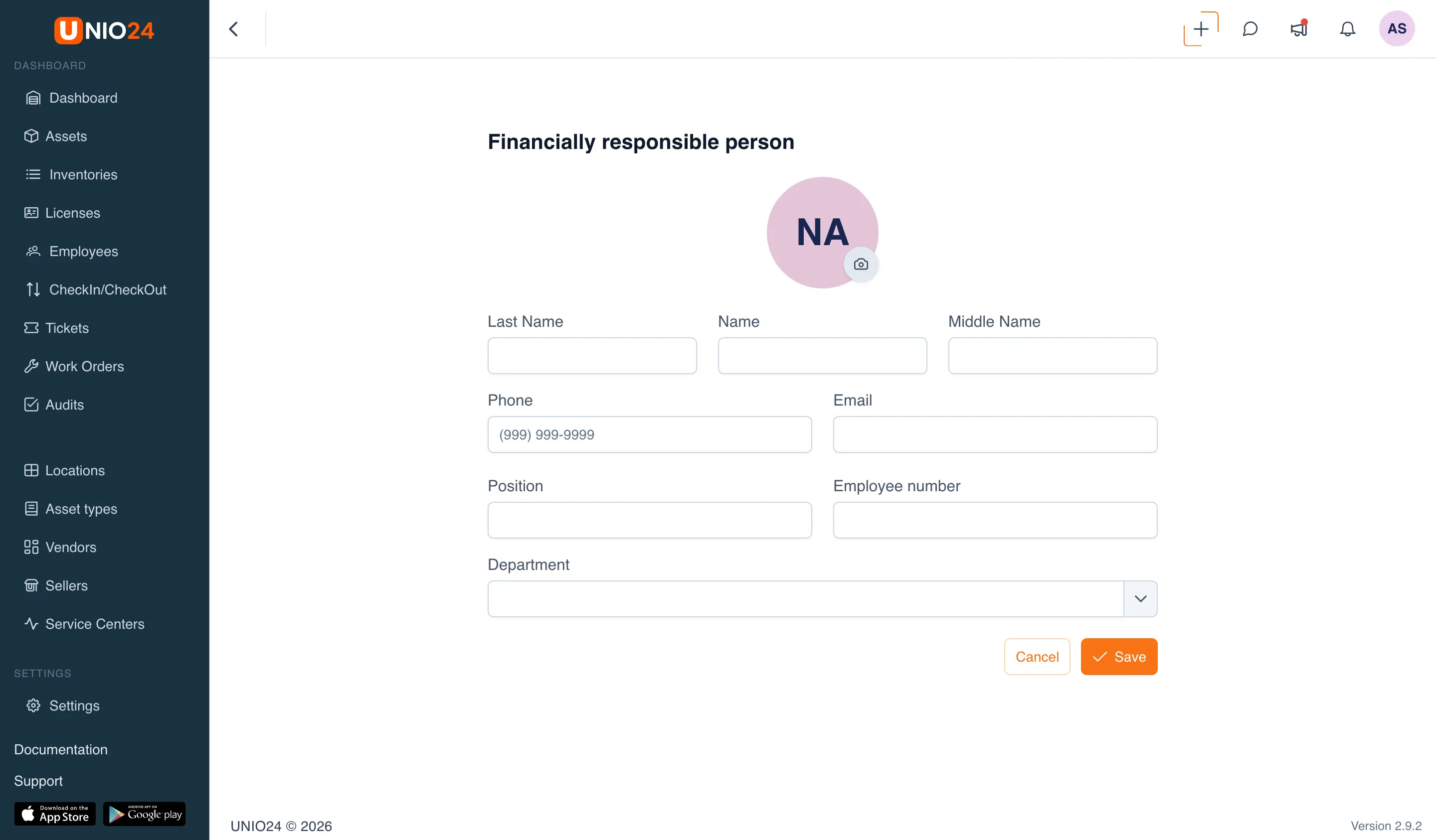 The add-employee form with the Last Name, First Name, Middle Name, Phone, Email, Position, and Employee number fields and the Department dropdown