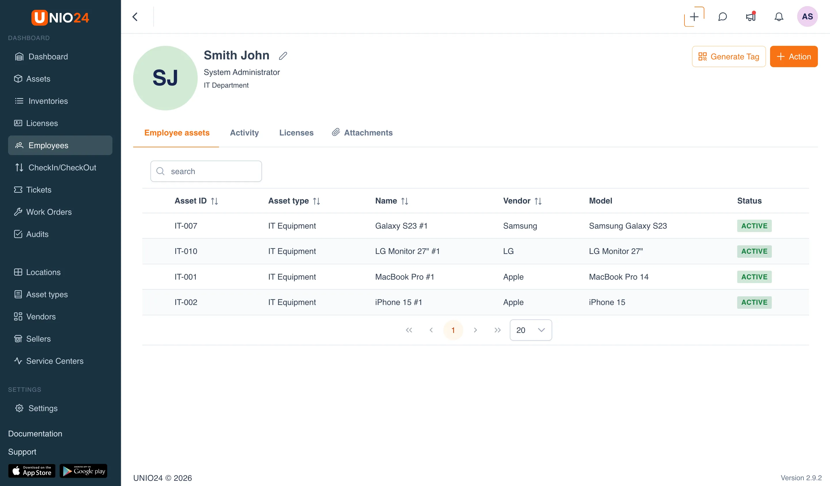The employee card: the main information block (full name, position, department) and the Employee assets tab with the list of assigned assets and their statuses