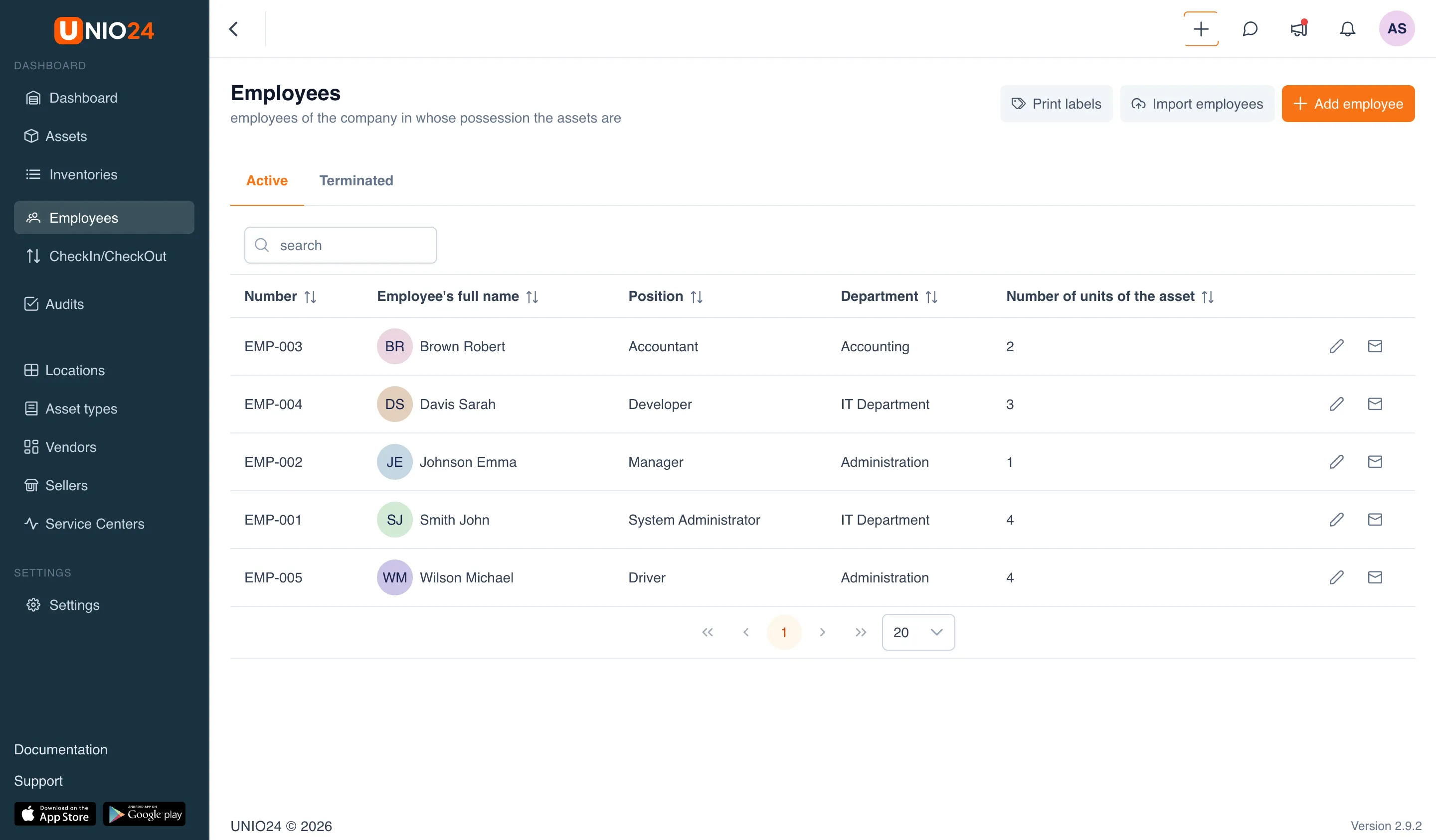 "Employees" page, top bar: an "Import employees" button next to an "Add employee" button
